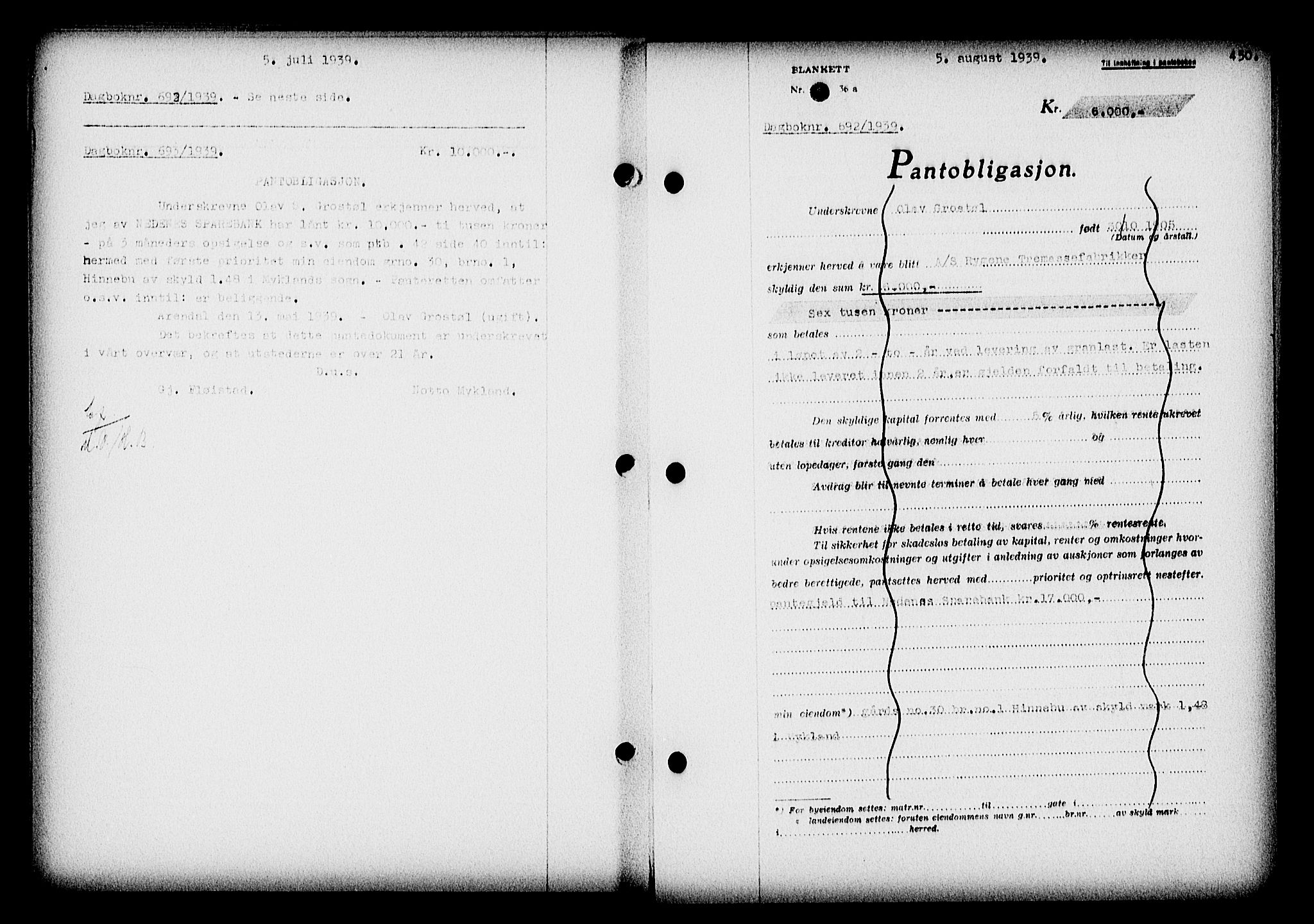 Nedenes sorenskriveri, SAK/1221-0006/G/Gb/Gba/L0046: Mortgage book no. 42, 1938-1939, Diary no: : 692/1939