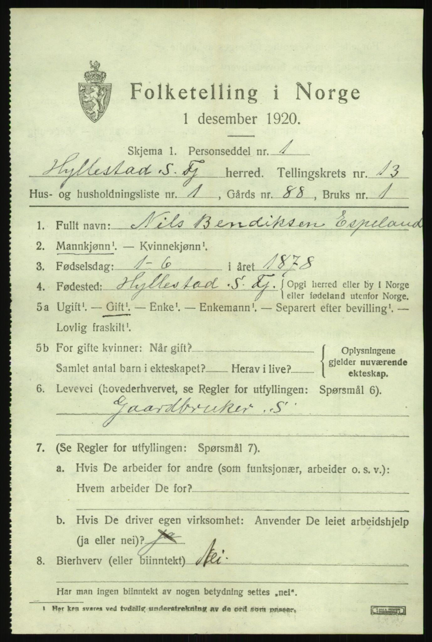 SAB, 1920 census for Hyllestad, 1920, p. 4840