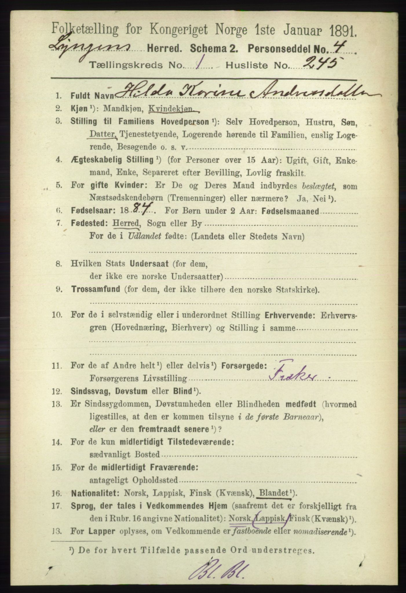RA, 1891 census for 1938 Lyngen, 1891, p. 1908