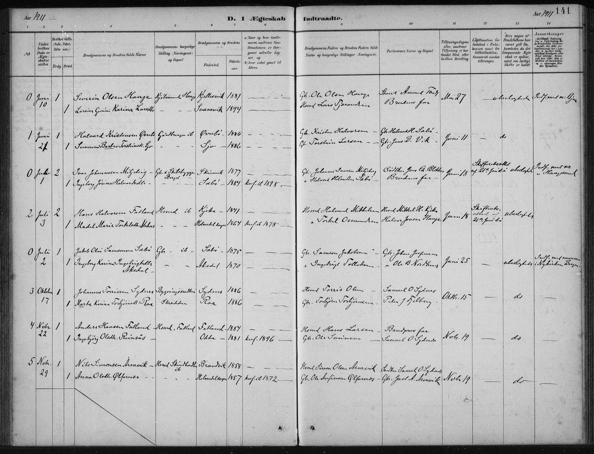 Fjelberg sokneprestembete, SAB/A-75201/H/Haa: Parish register (official) no. B  1, 1879-1919, p. 141