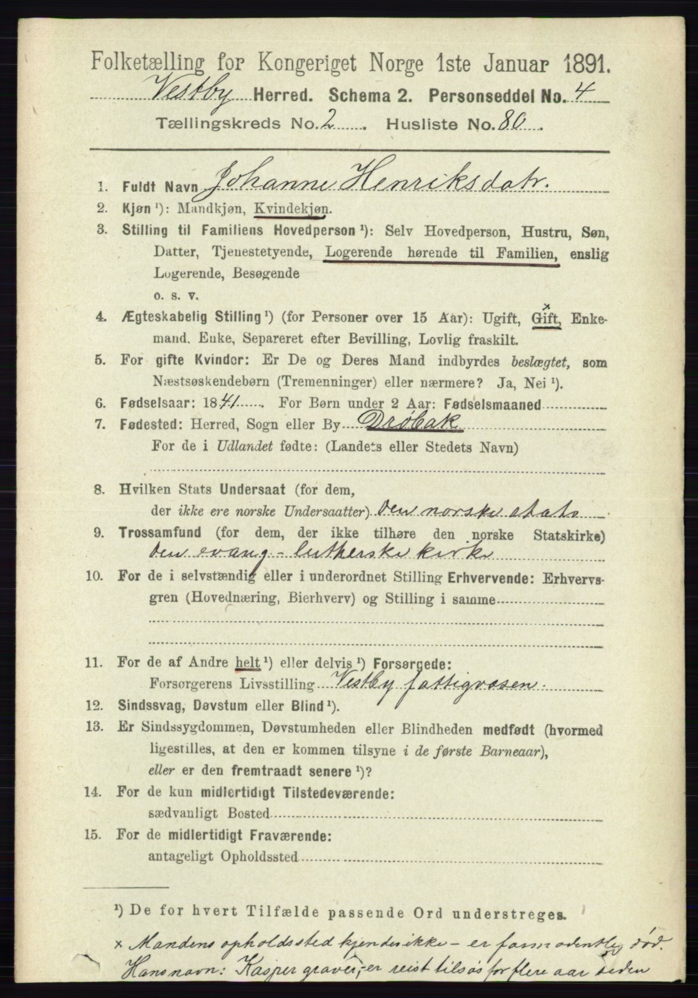 RA, 1891 census for 0211 Vestby, 1891, p. 944