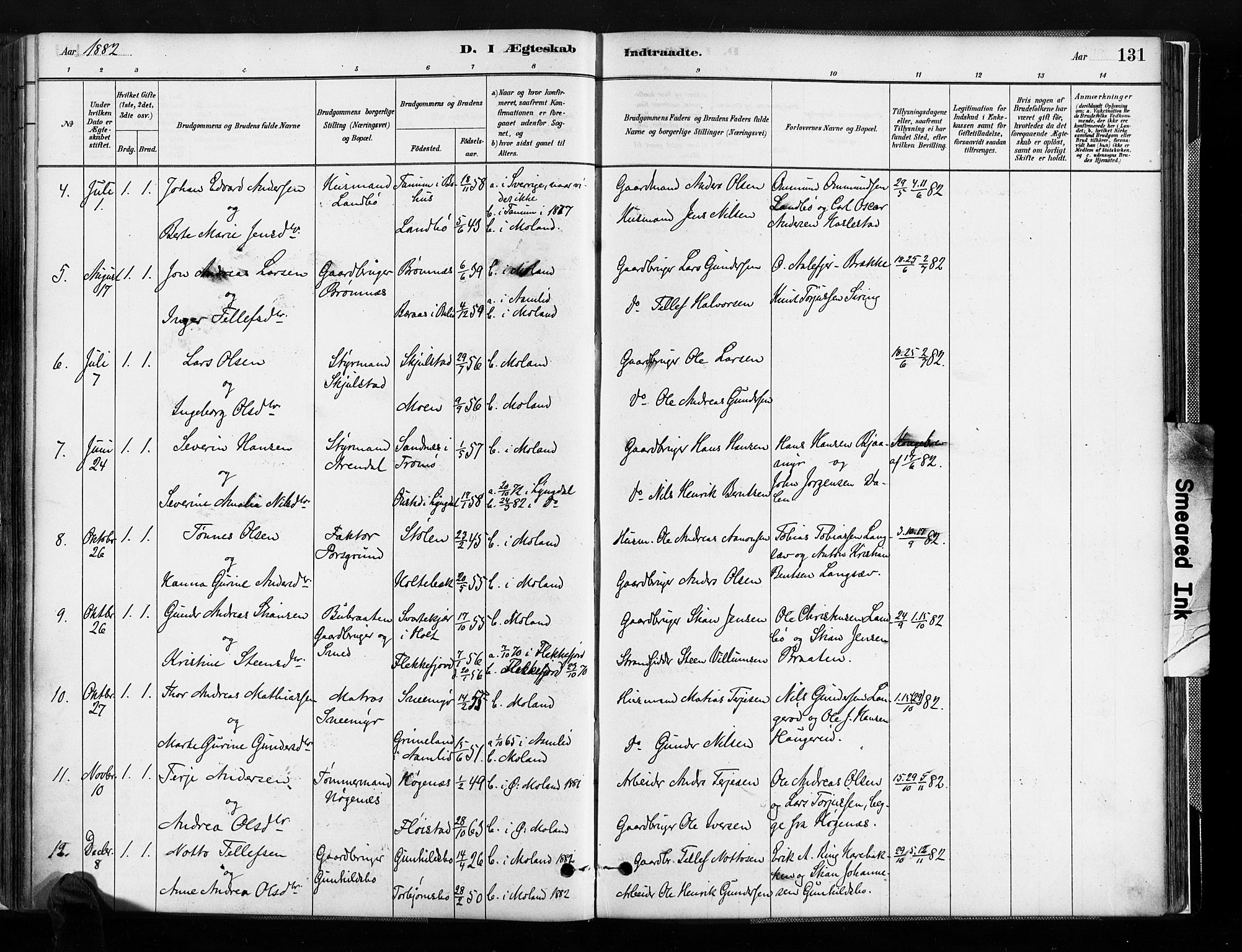 Austre Moland sokneprestkontor, SAK/1111-0001/F/Fa/Faa/L0010: Parish register (official) no. A 10, 1880-1904, p. 131