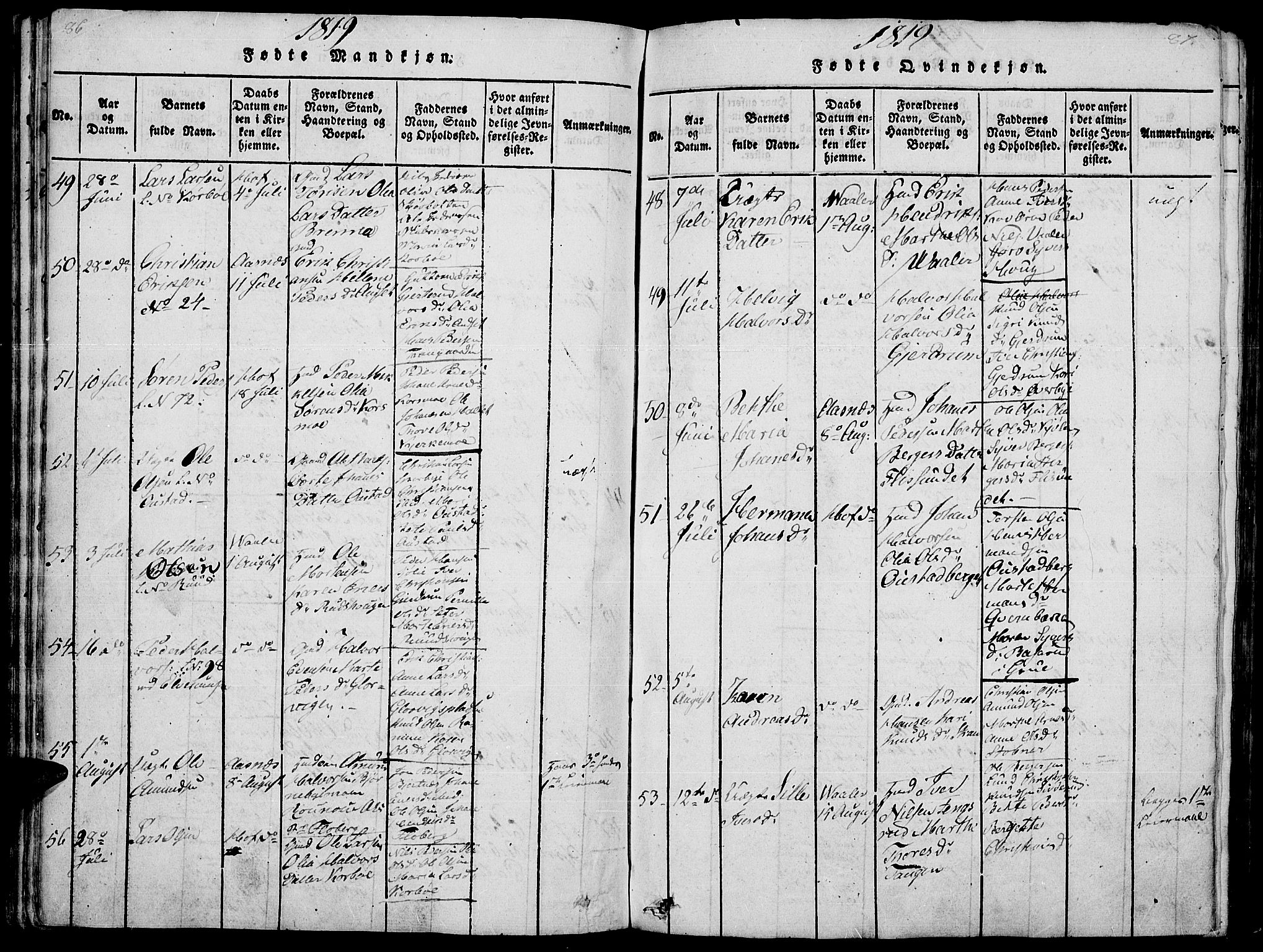 Hof prestekontor, SAH/PREST-038/H/Ha/Haa/L0005: Parish register (official) no. 5, 1816-1822, p. 86-87