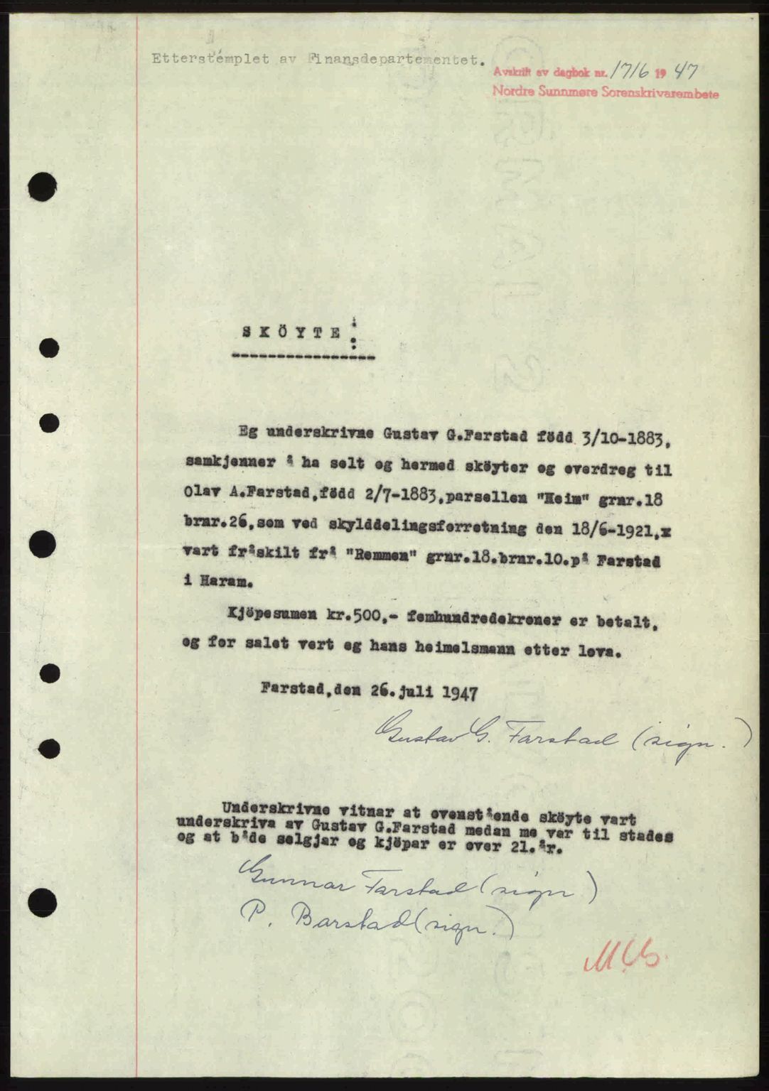 Nordre Sunnmøre sorenskriveri, AV/SAT-A-0006/1/2/2C/2Ca: Mortgage book no. A25, 1947-1947, Diary no: : 1716/1947