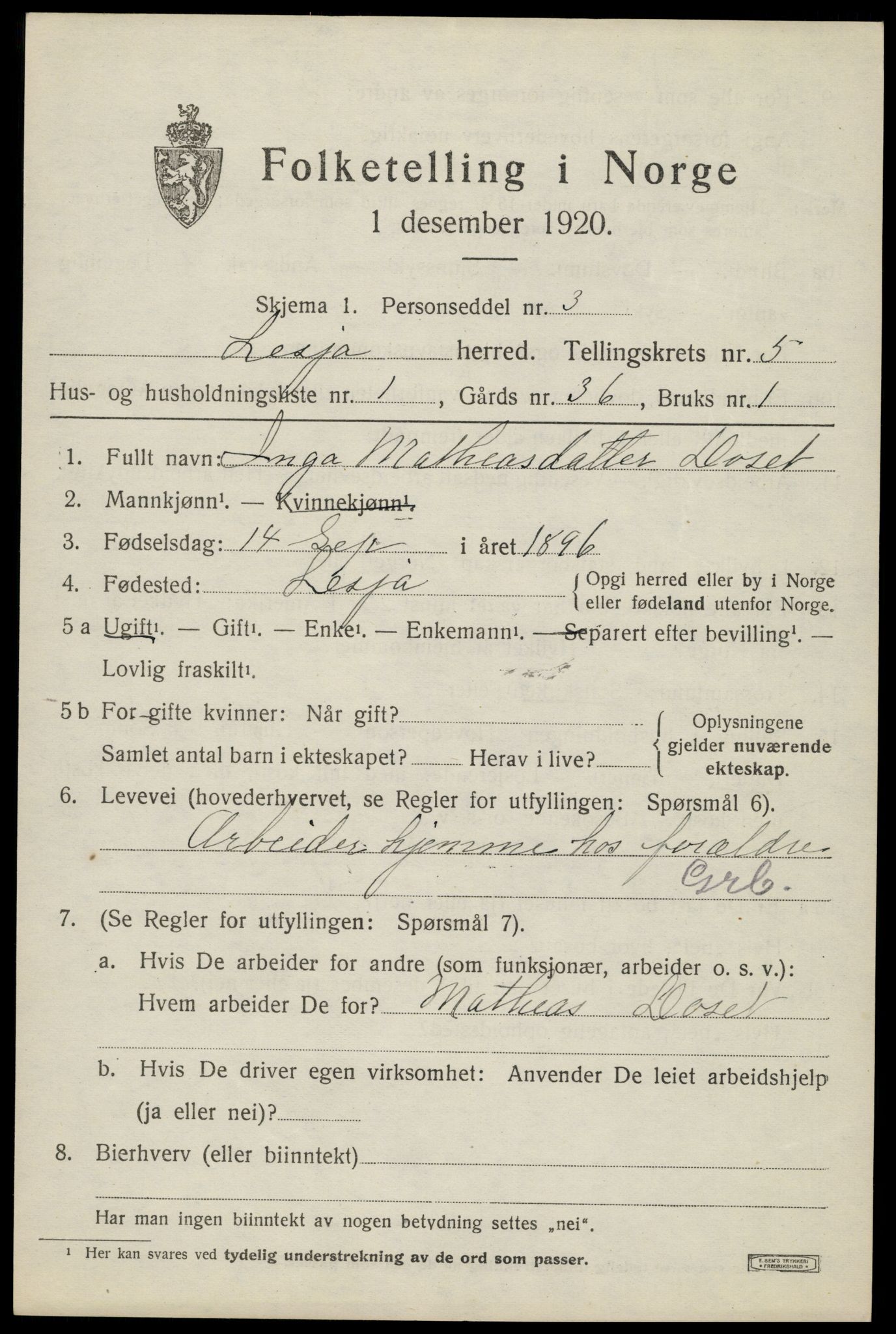 SAH, 1920 census for Lesja, 1920, p. 2802