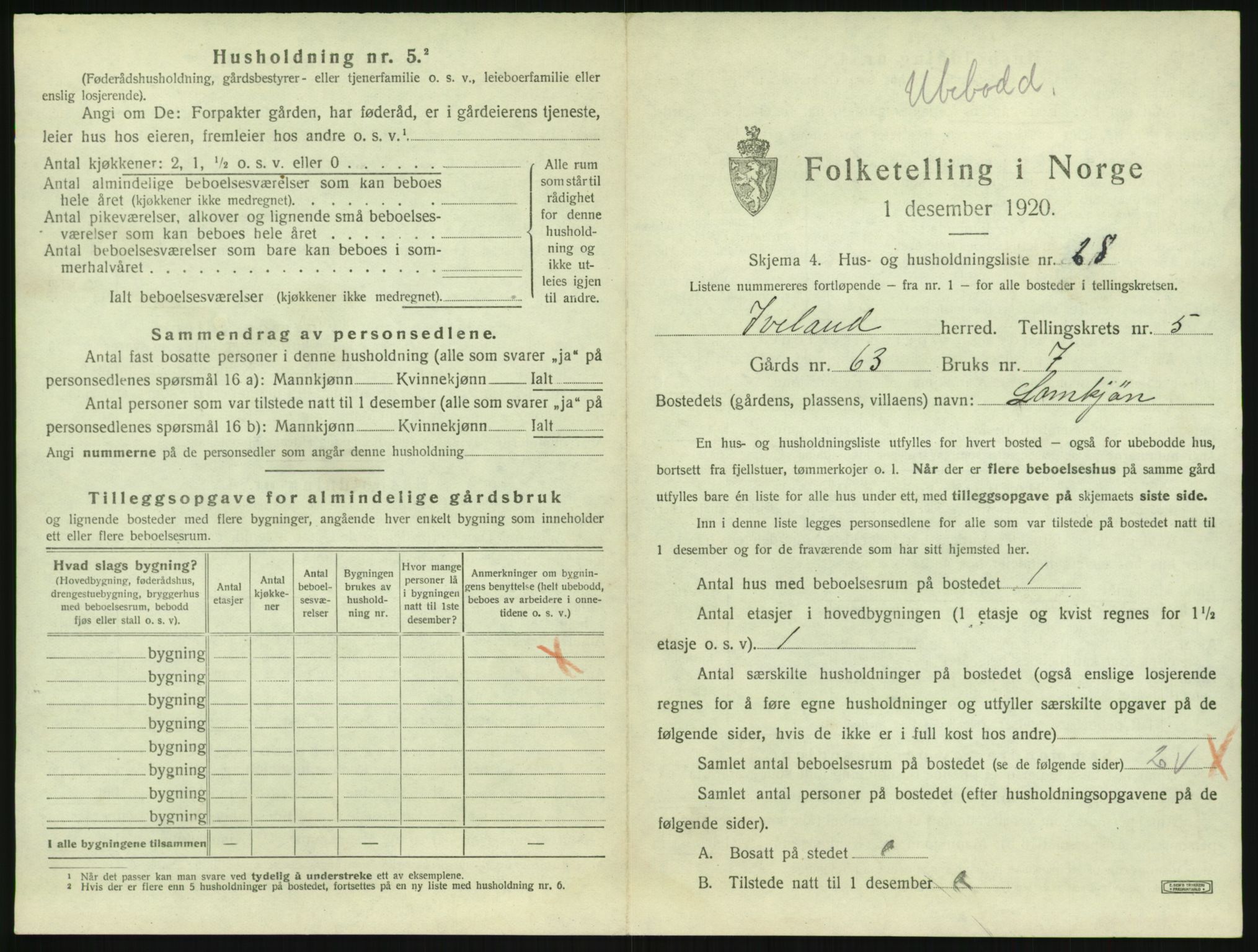 SAK, 1920 census for Iveland, 1920, p. 295