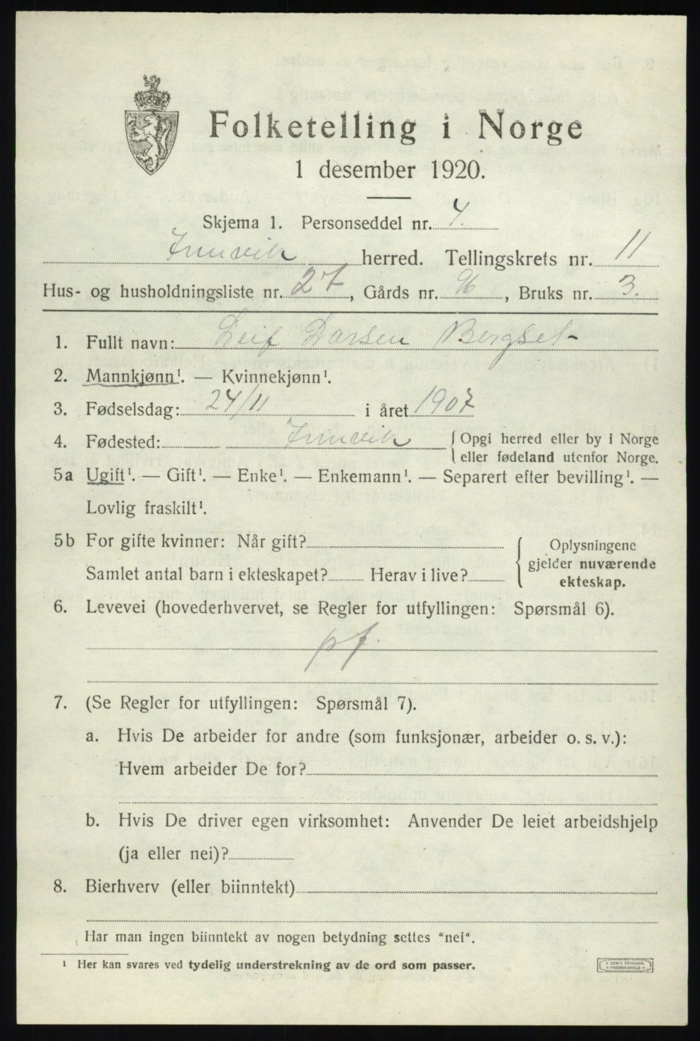 SAB, 1920 census for Innvik, 1920, p. 4871