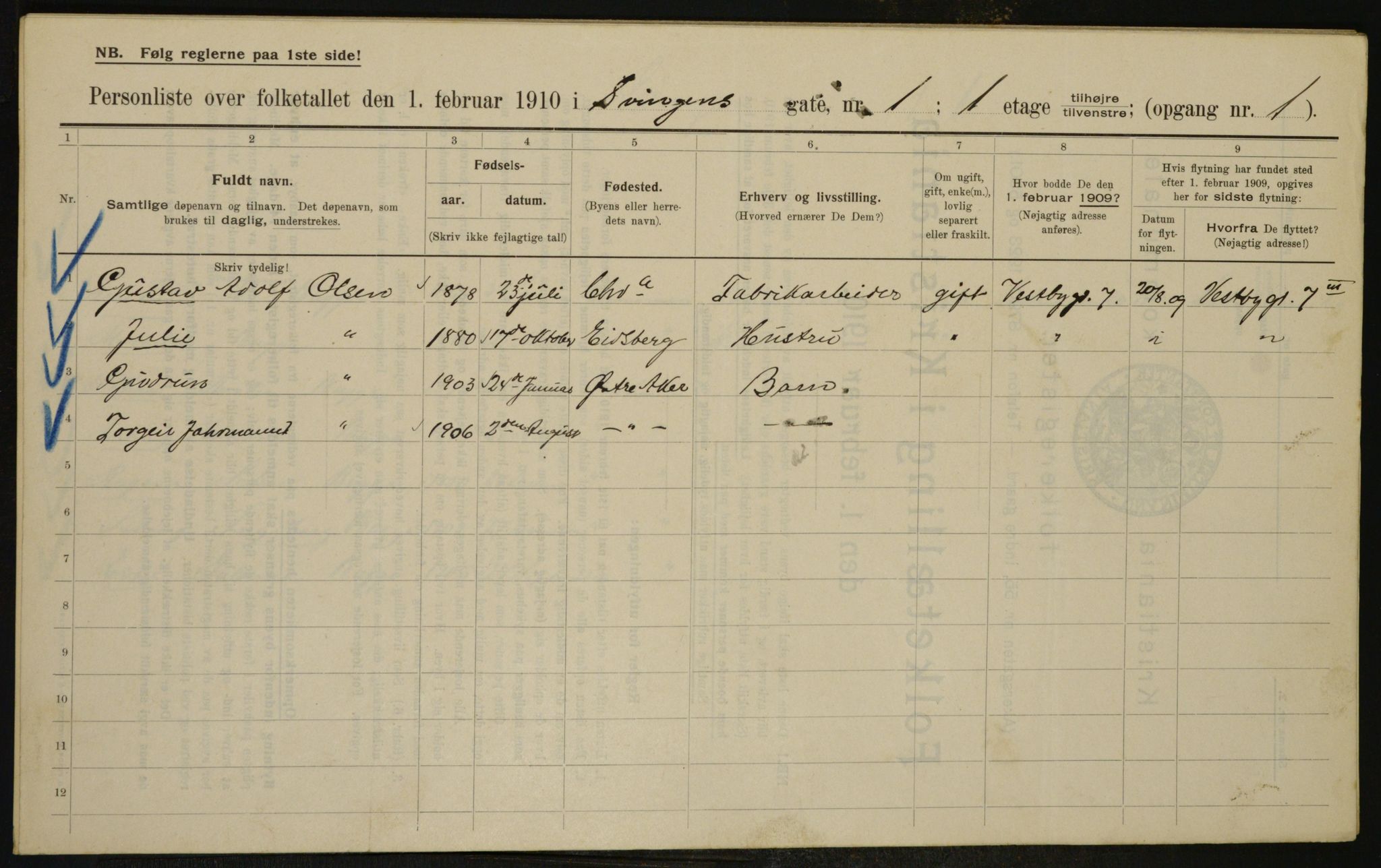 OBA, Municipal Census 1910 for Kristiania, 1910, p. 100643