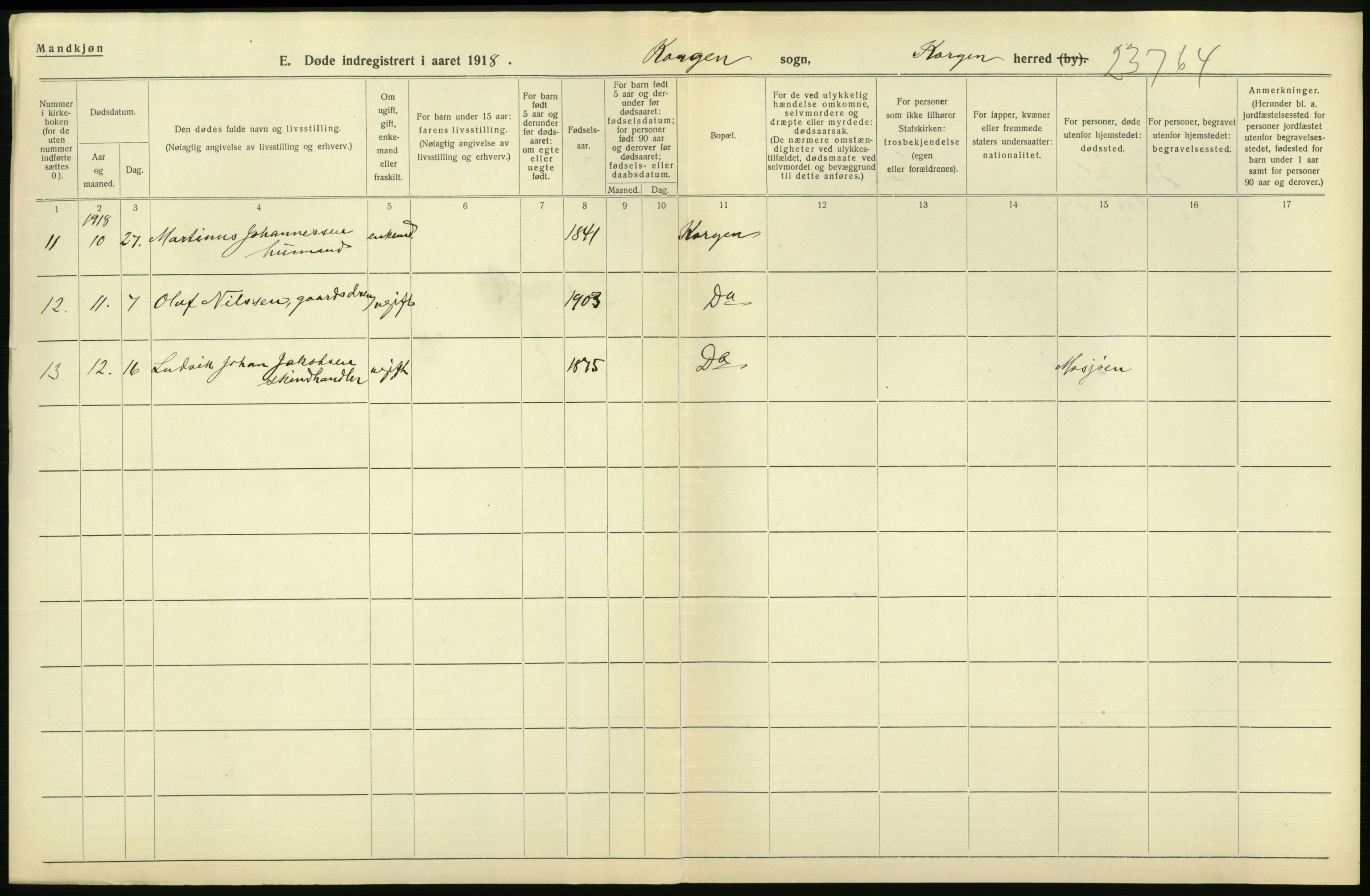 Statistisk sentralbyrå, Sosiodemografiske emner, Befolkning, RA/S-2228/D/Df/Dfb/Dfbh/L0055: Nordland fylke: Døde. Bygder og byer., 1918, p. 140