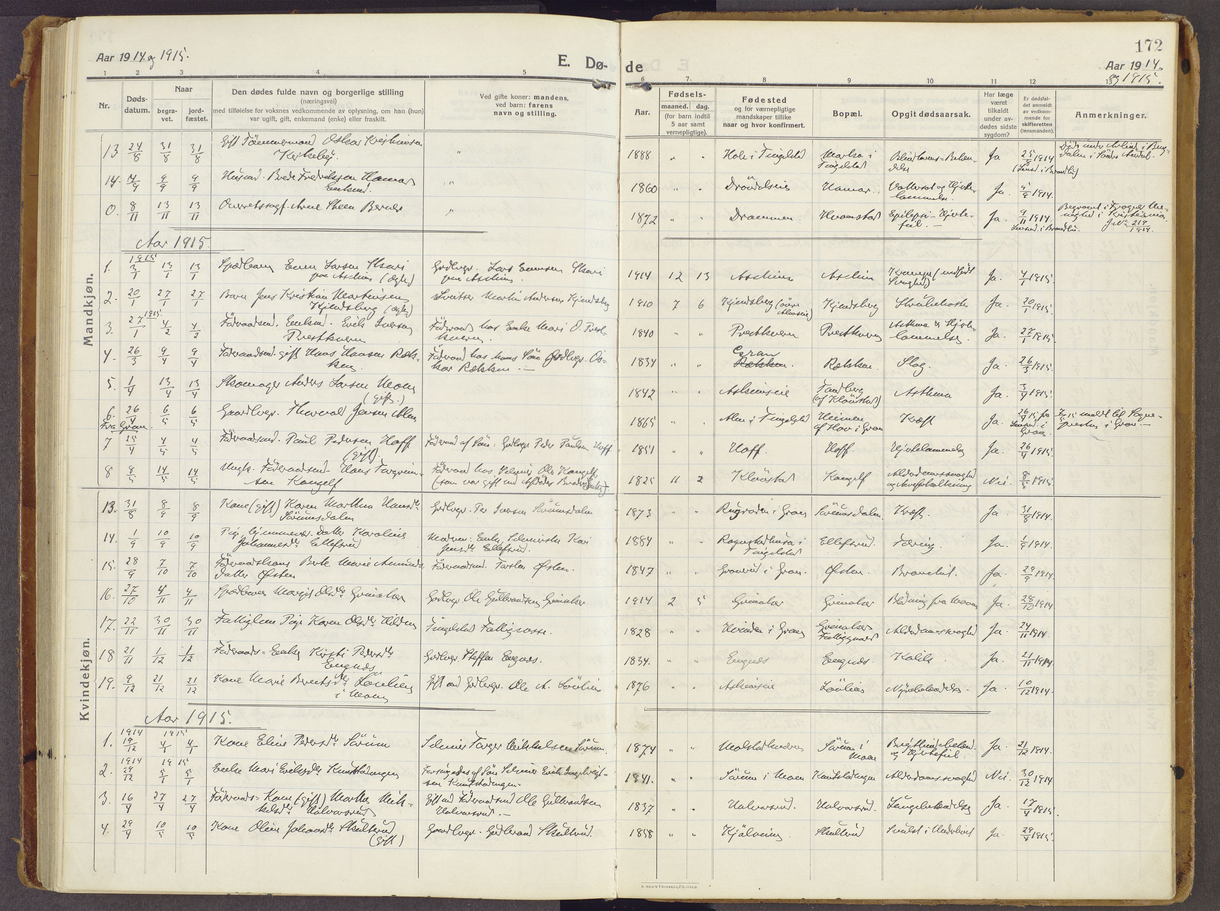 Brandbu prestekontor, AV/SAH-PREST-114/H/Ha/Haa/L0003: Parish register (official) no. 3, 1914-1928, p. 172