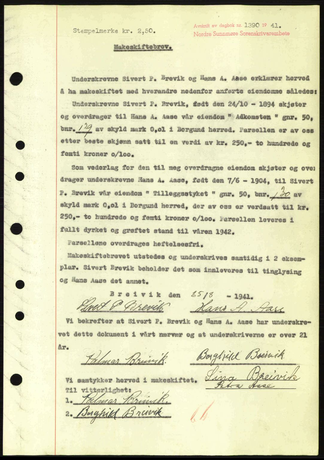 Nordre Sunnmøre sorenskriveri, AV/SAT-A-0006/1/2/2C/2Ca: Mortgage book no. A11, 1941-1941, Diary no: : 1390/1941