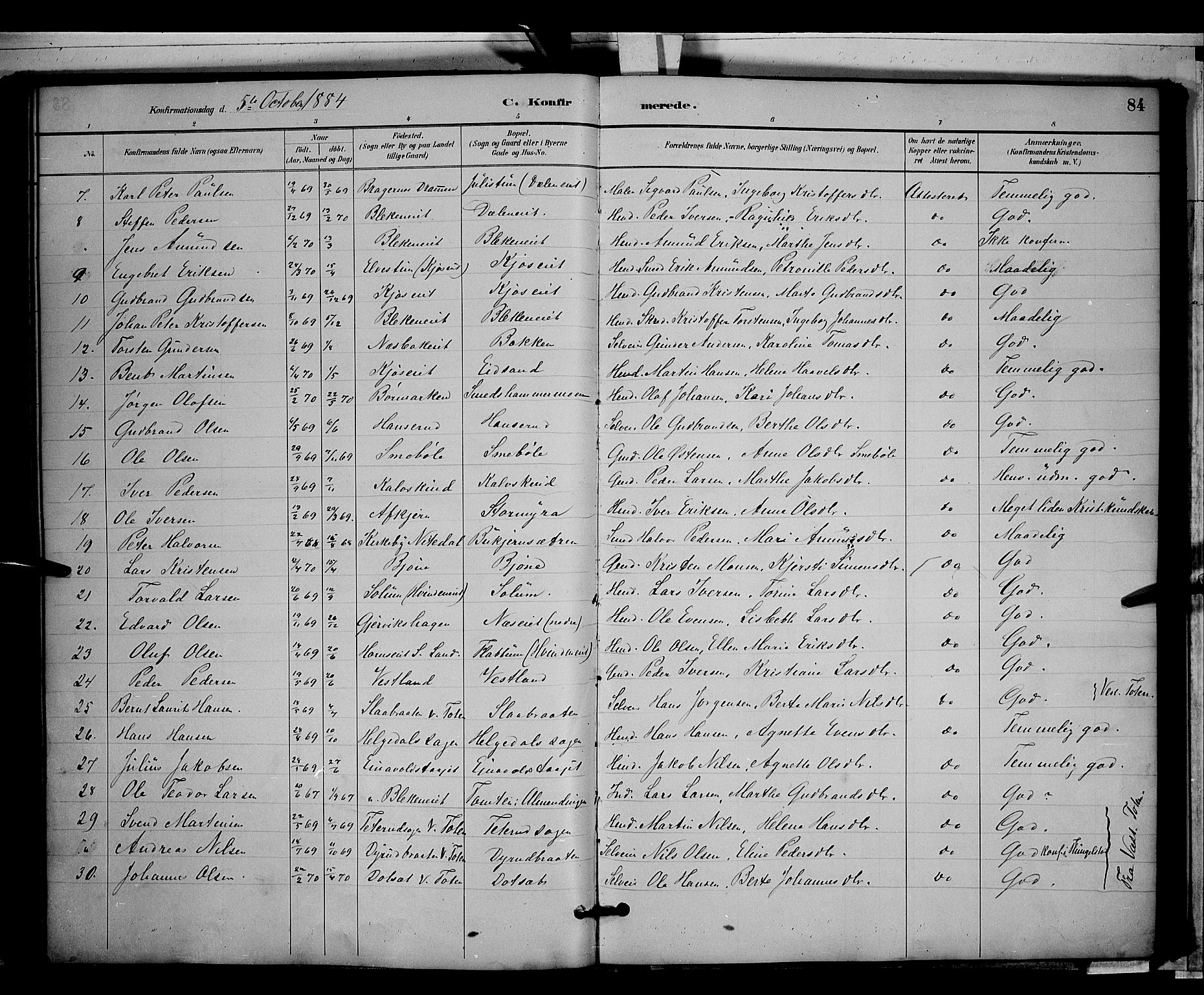 Gran prestekontor, SAH/PREST-112/H/Ha/Hab/L0003: Parish register (copy) no. 3, 1882-1890, p. 84