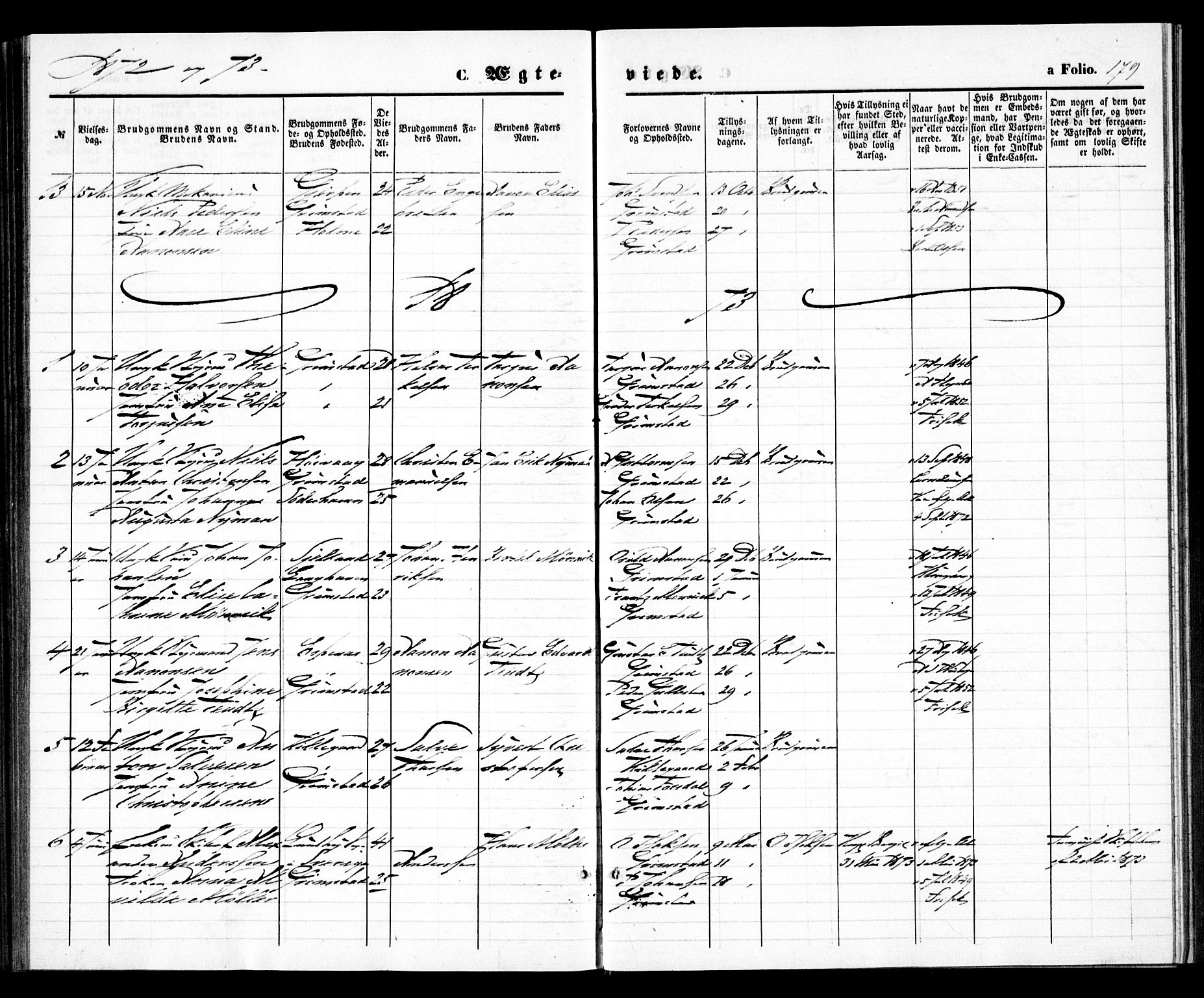 Grimstad sokneprestkontor, SAK/1111-0017/F/Fa/L0002: Parish register (official) no. A 1, 1869-1881, p. 179