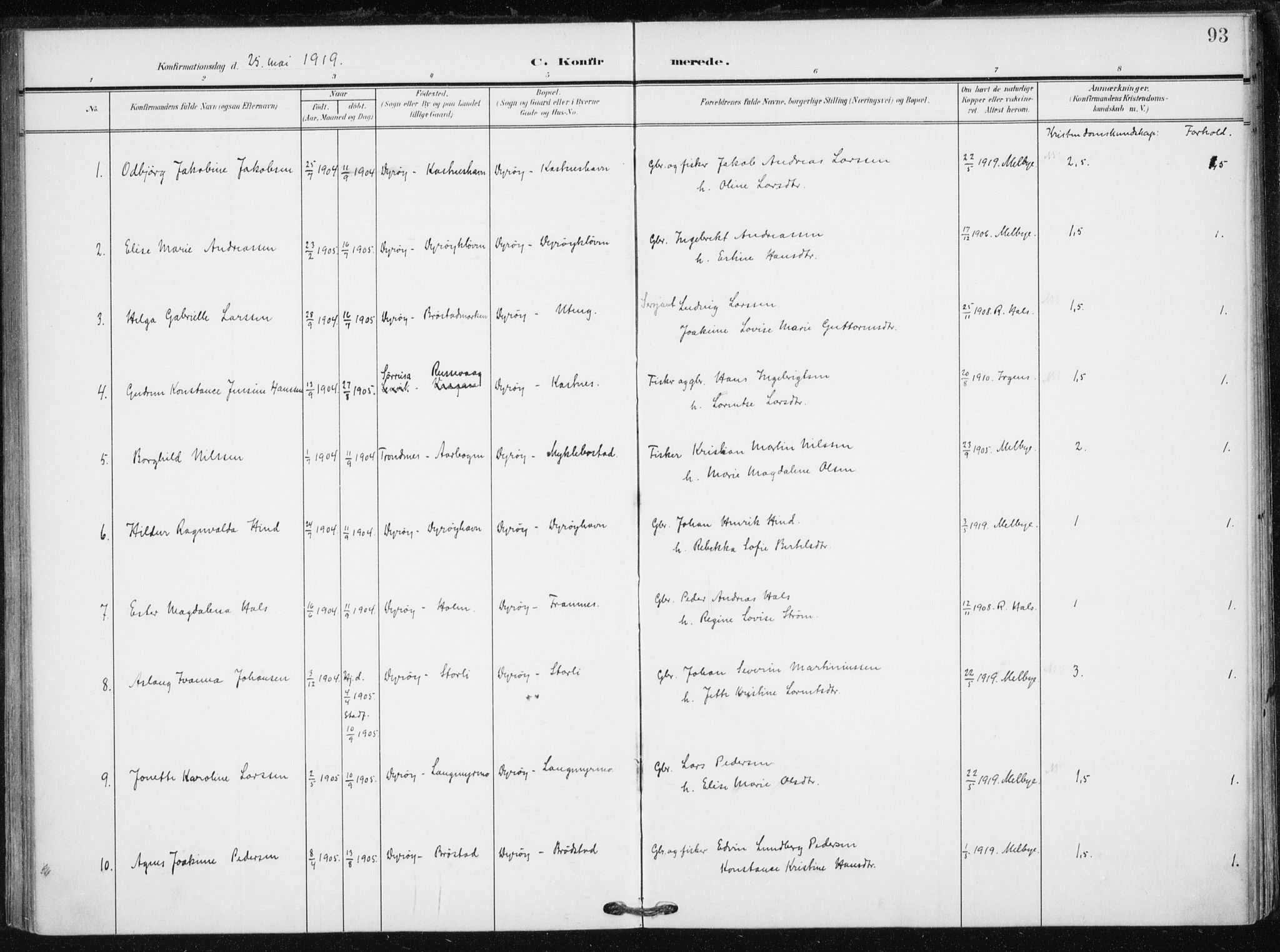 Tranøy sokneprestkontor, AV/SATØ-S-1313/I/Ia/Iaa/L0013kirke: Parish register (official) no. 13, 1905-1922, p. 93