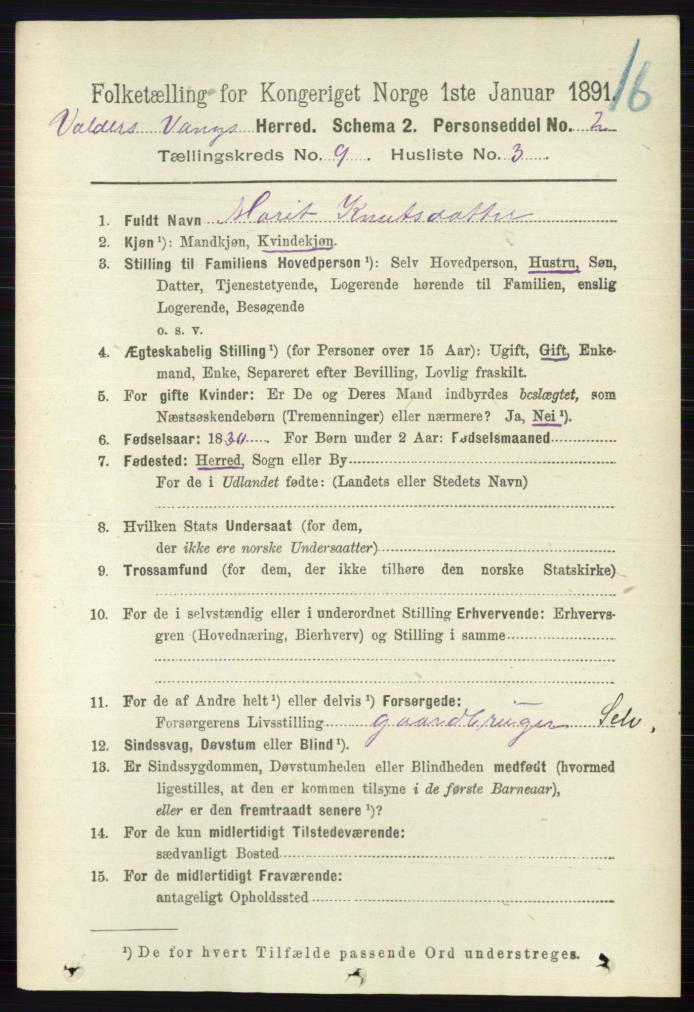 RA, 1891 census for 0545 Vang, 1891, p. 1964