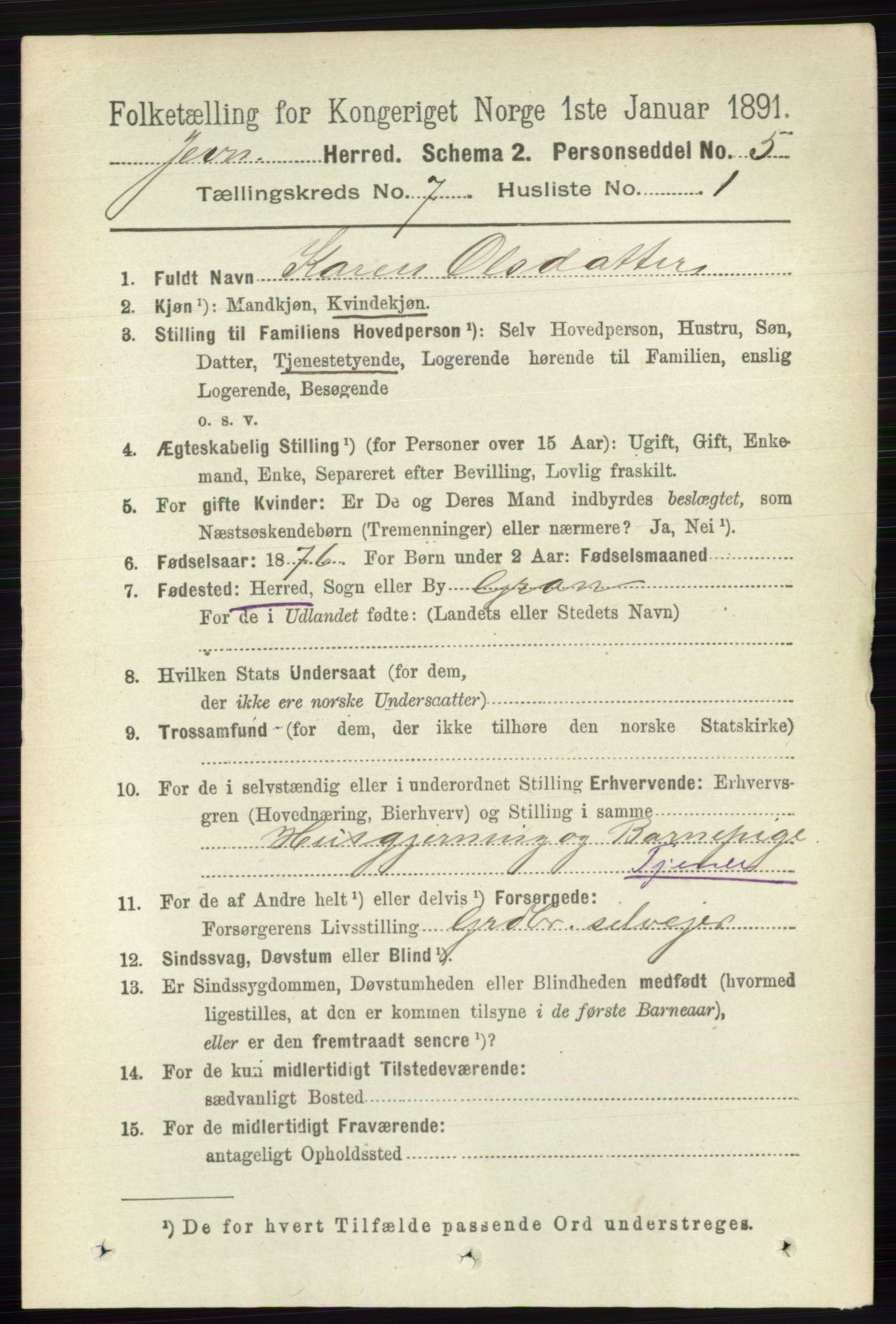 RA, 1891 census for 0532 Jevnaker, 1891, p. 3739