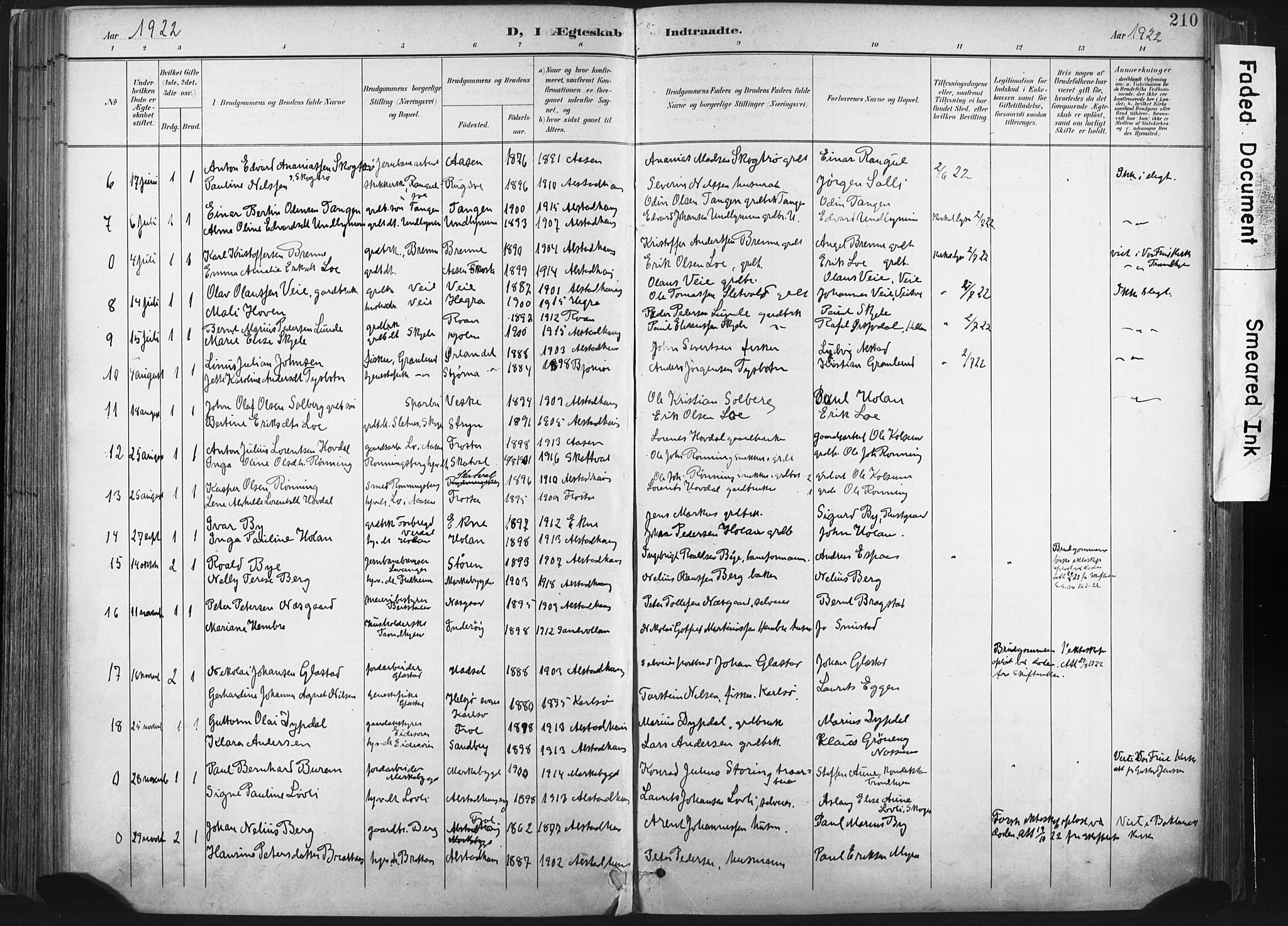 Ministerialprotokoller, klokkerbøker og fødselsregistre - Nord-Trøndelag, SAT/A-1458/717/L0162: Parish register (official) no. 717A12, 1898-1923, p. 210