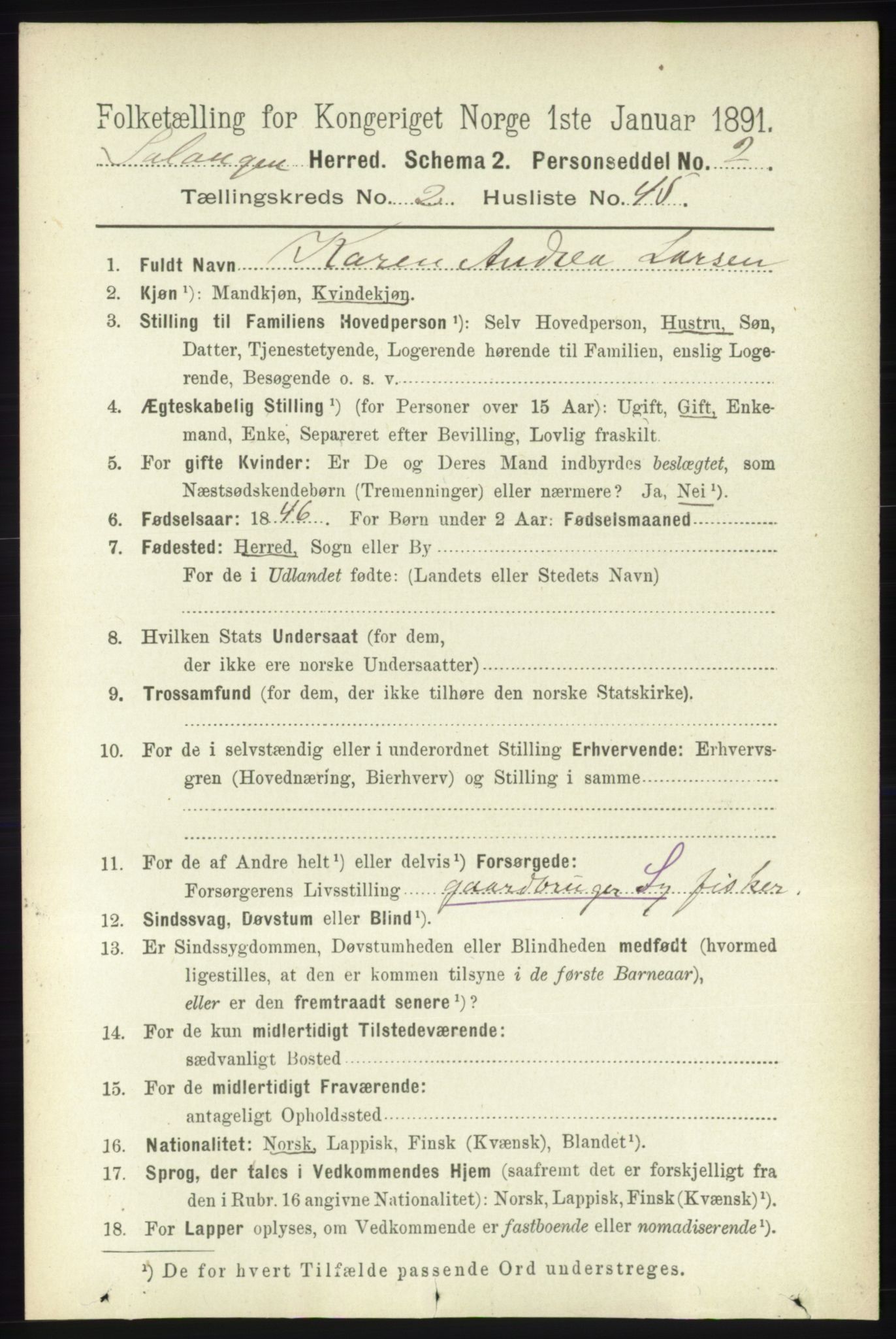 RA, 1891 census for 1921 Salangen, 1891, p. 898