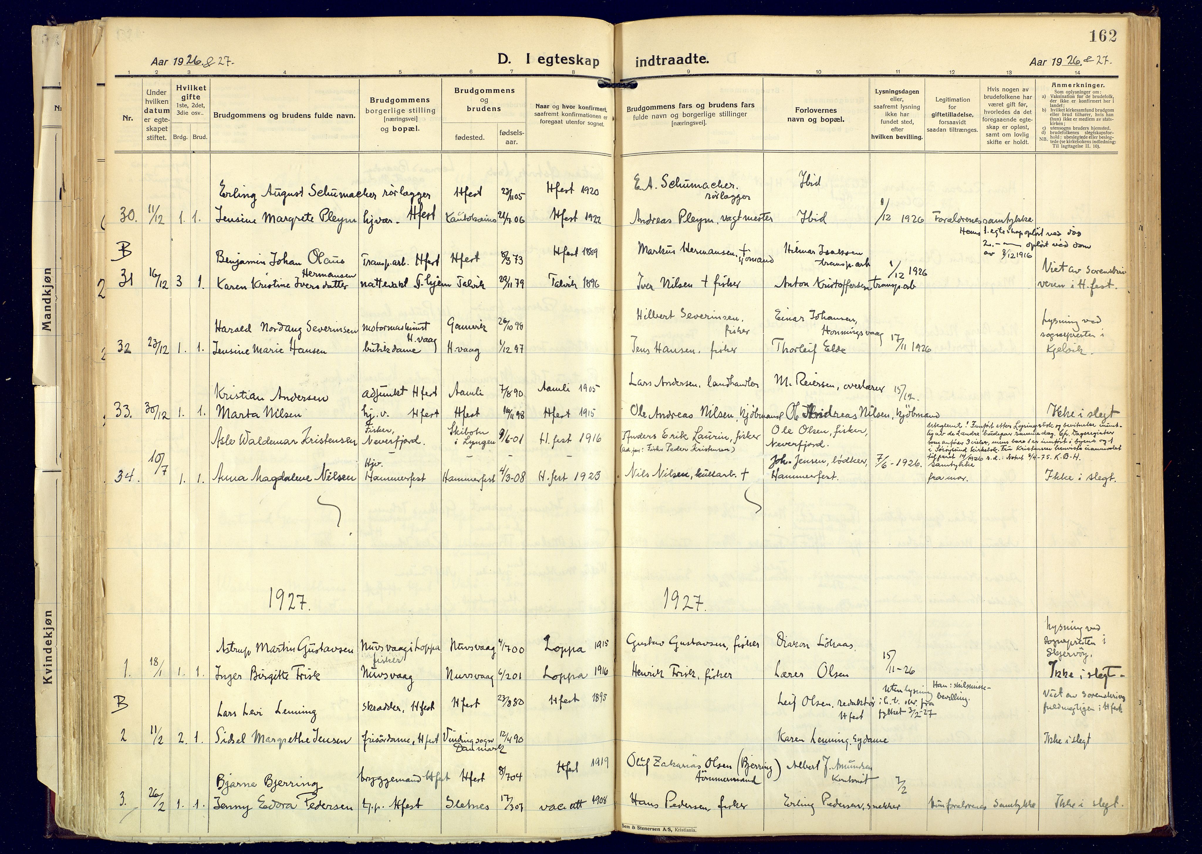 Hammerfest sokneprestkontor, AV/SATØ-S-1347/H/Ha/L0017.kirke: Parish register (official) no. 17, 1923-1933, p. 162