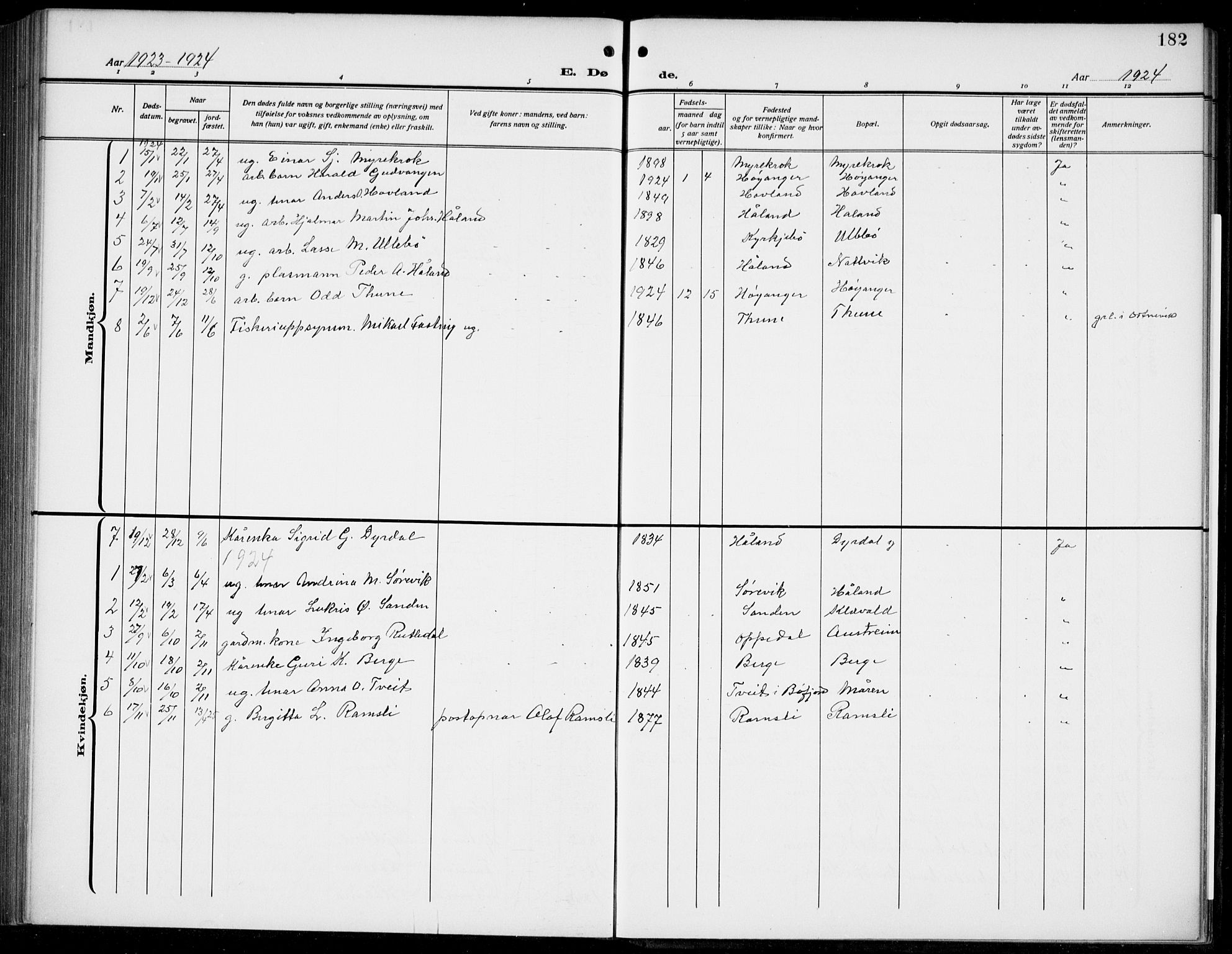 Lavik sokneprestembete, SAB/A-80901: Parish register (copy) no. B 4, 1914-1937, p. 182