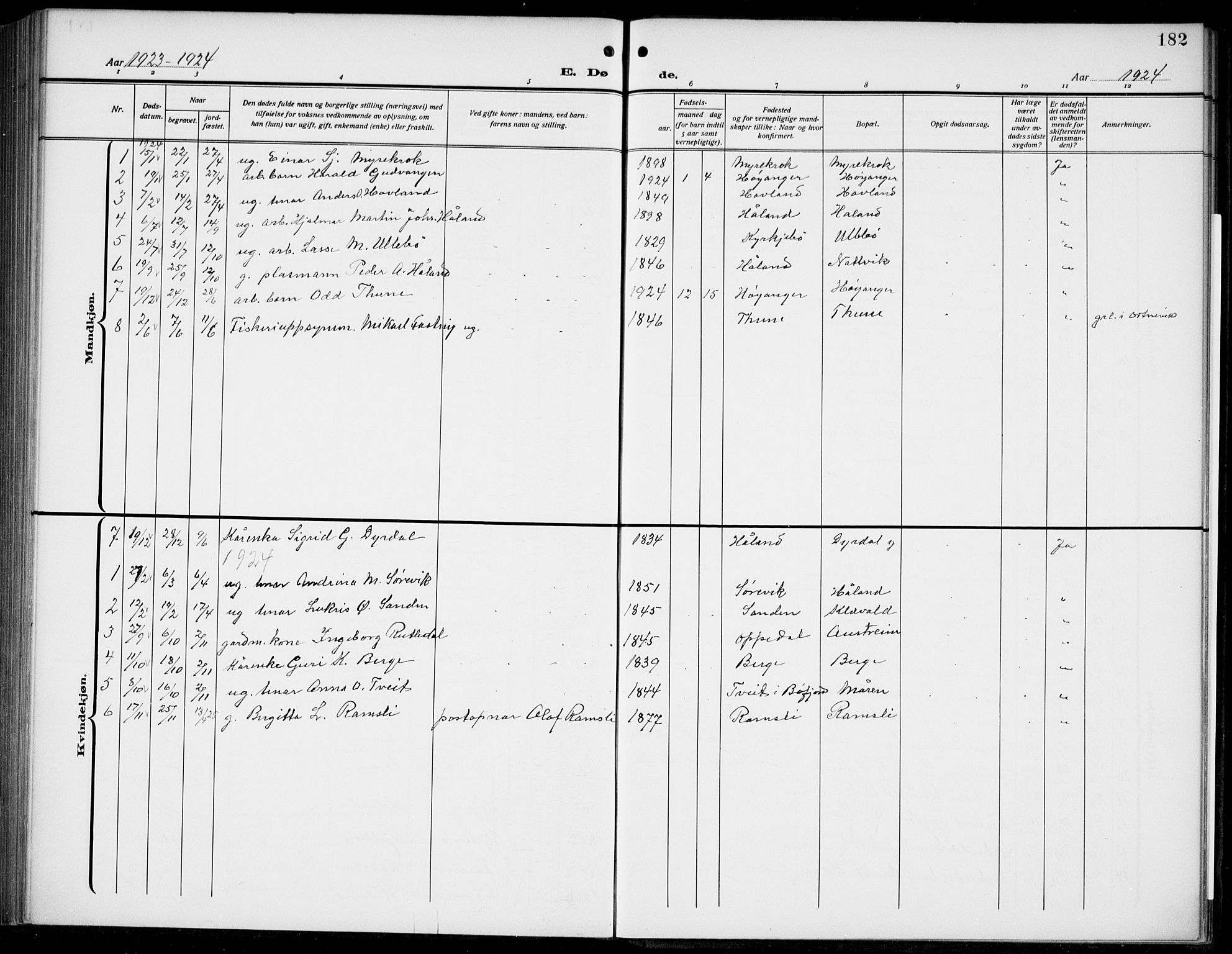 Lavik sokneprestembete, AV/SAB-A-80901: Parish register (copy) no. B 4, 1914-1937, p. 182