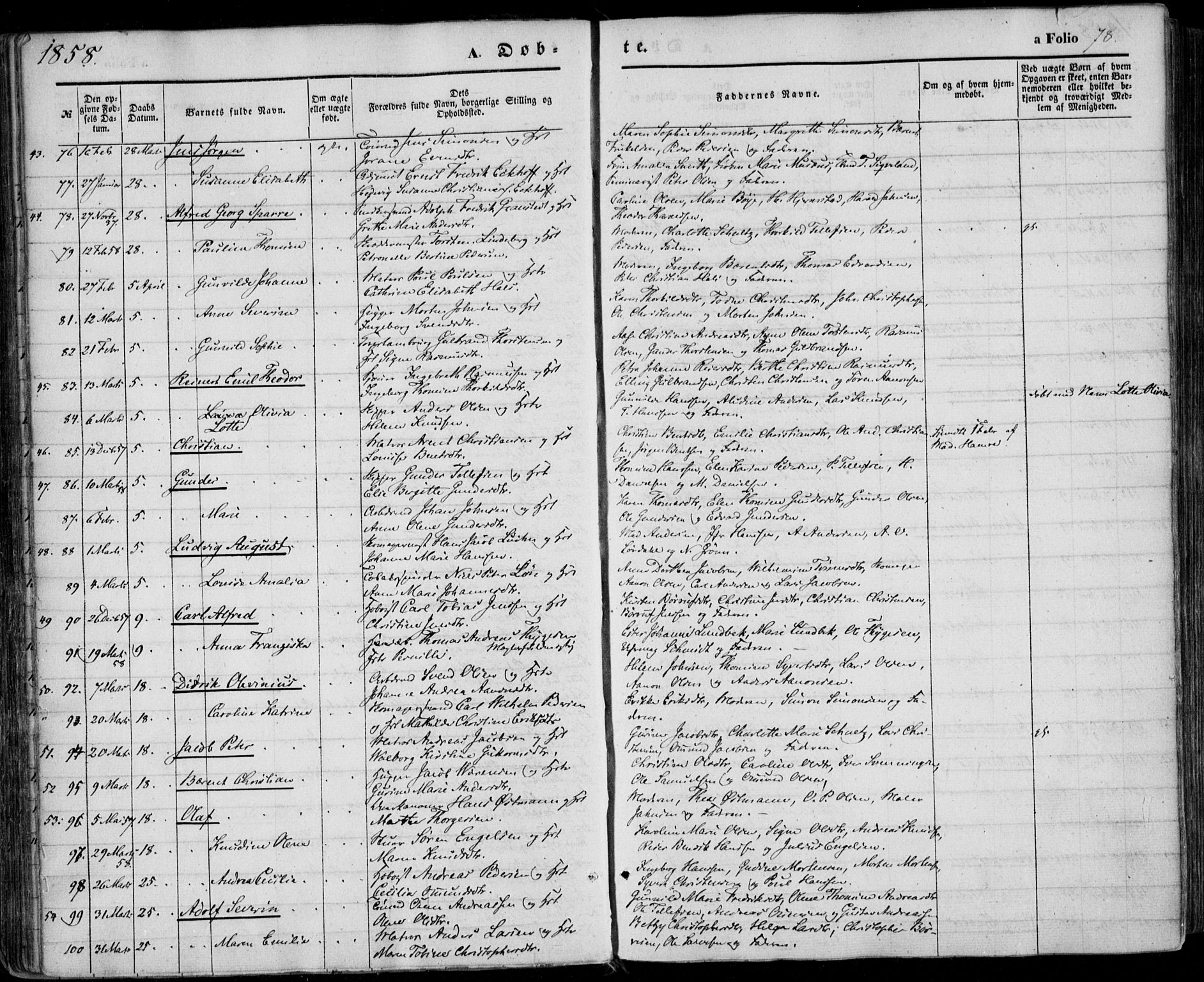 Kristiansand domprosti, SAK/1112-0006/F/Fa/L0014: Parish register (official) no. A 14, 1852-1867, p. 78