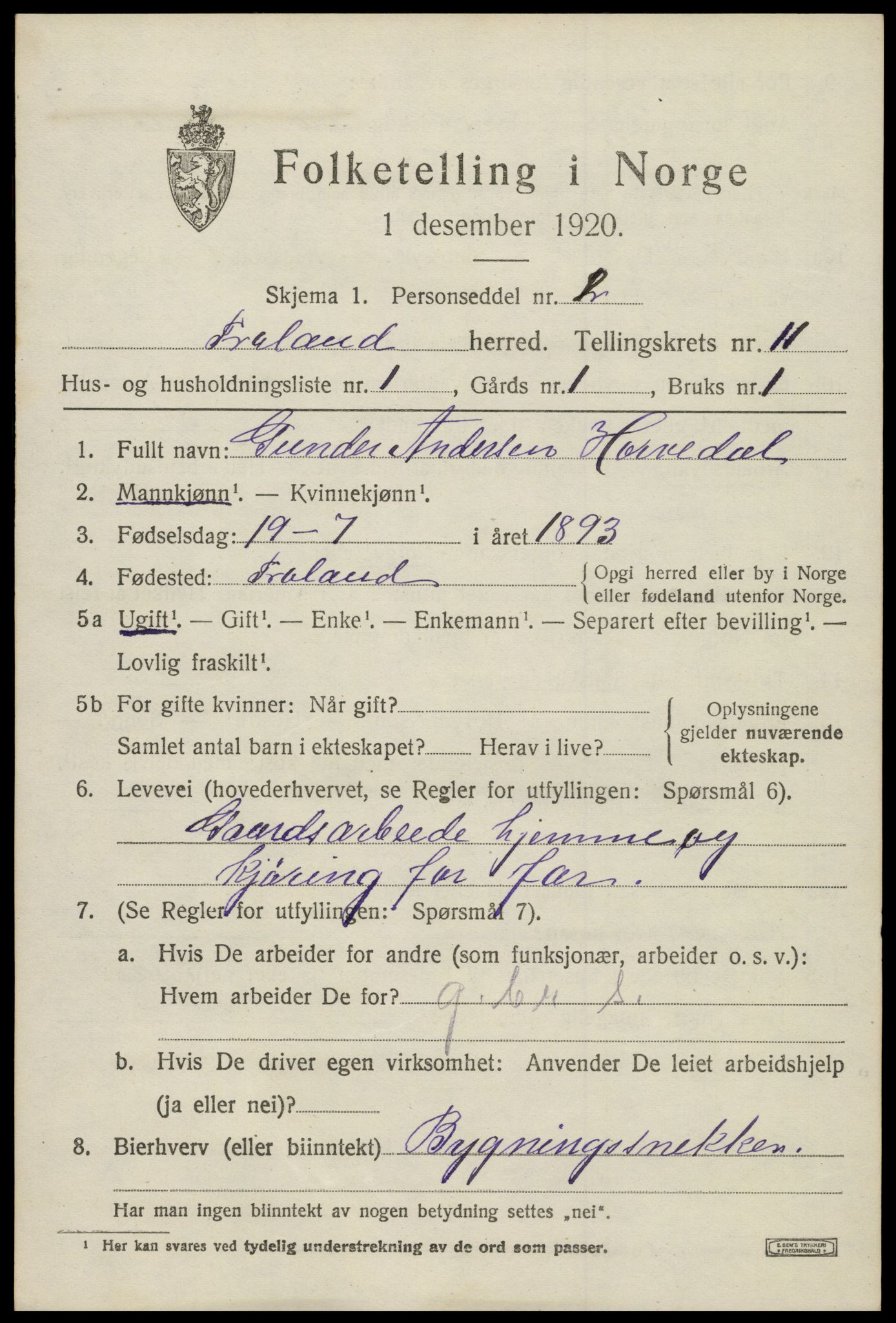 SAK, 1920 census for Froland, 1920, p. 5677