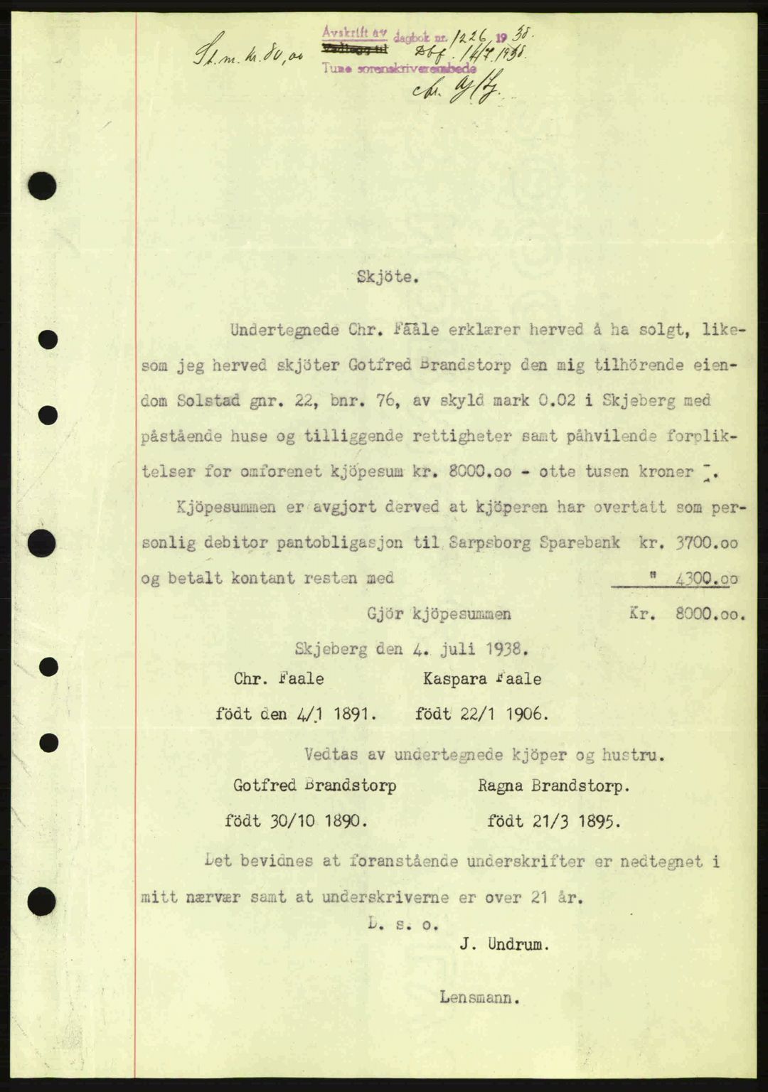 Tune sorenskriveri, AV/SAO-A-10470/G/Gb/Gbg/Gbgb/L0003: Mortgage book no. A3, 1938-1938, Diary no: : 1226/1938