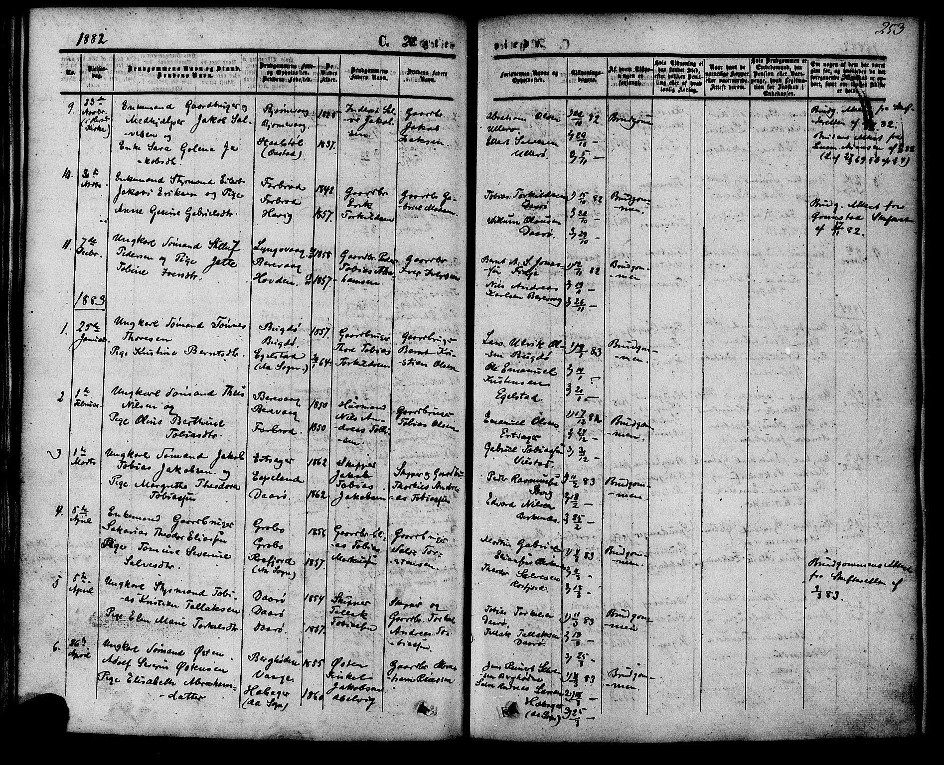 Herad sokneprestkontor, AV/SAK-1111-0018/F/Fa/Fab/L0004: Parish register (official) no. A 4, 1853-1885, p. 253