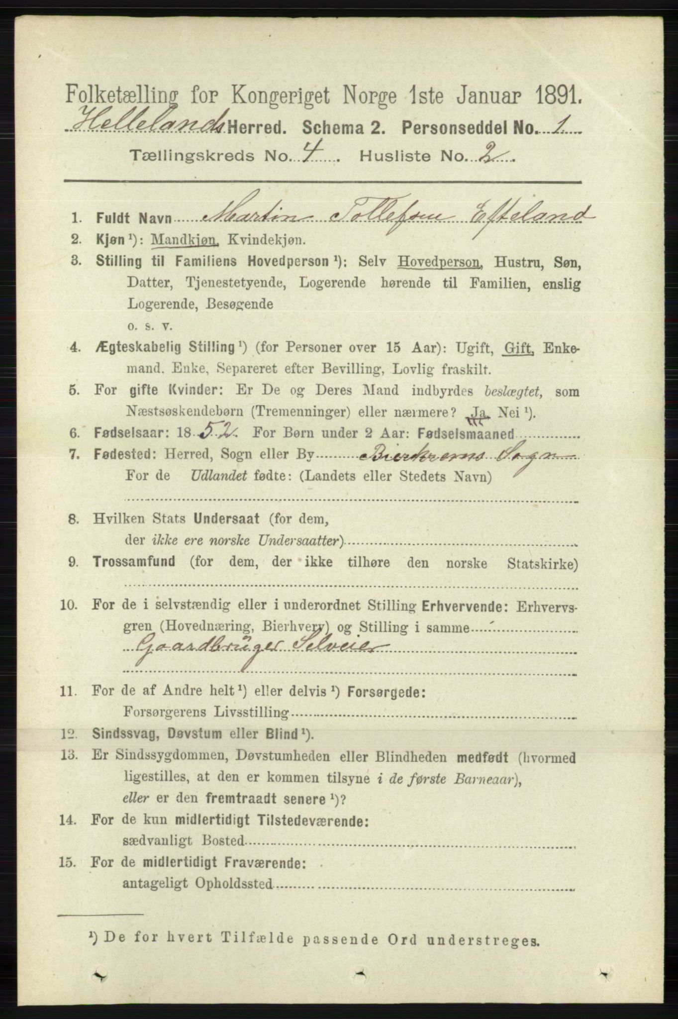 RA, 1891 census for 1115 Helleland, 1891, p. 1160