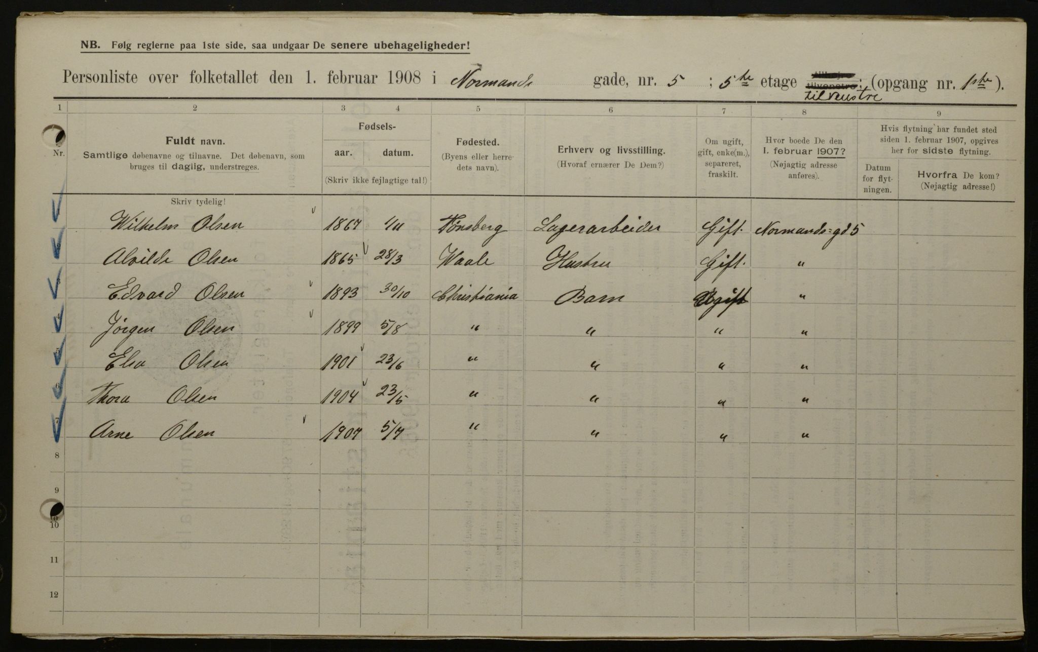 OBA, Municipal Census 1908 for Kristiania, 1908, p. 66037