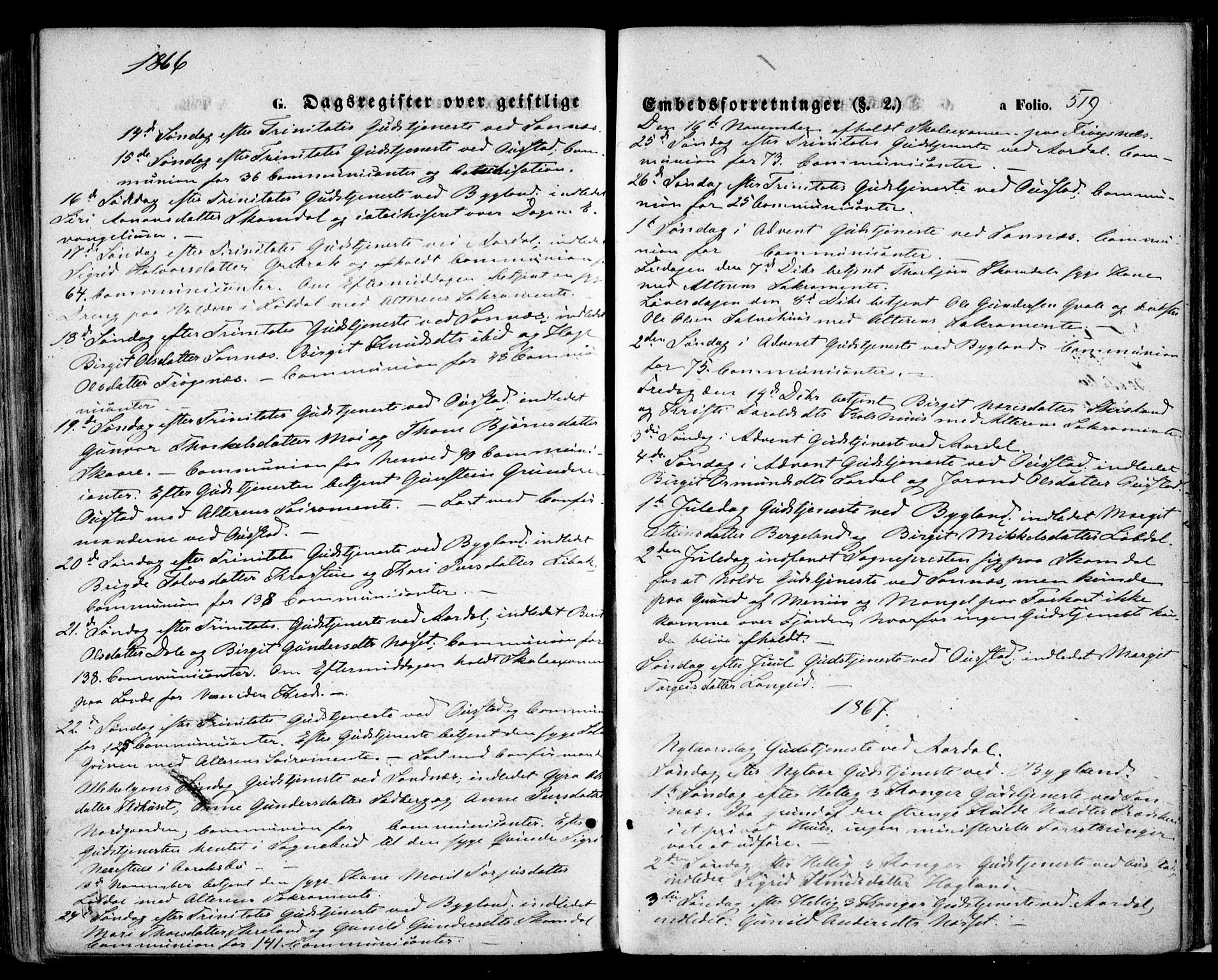Bygland sokneprestkontor, SAK/1111-0006/F/Fa/Fab/L0005: Parish register (official) no. A 5, 1859-1873, p. 519