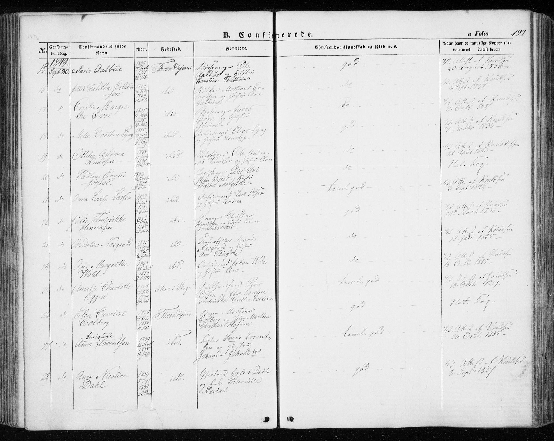 Ministerialprotokoller, klokkerbøker og fødselsregistre - Sør-Trøndelag, SAT/A-1456/601/L0051: Parish register (official) no. 601A19, 1848-1857, p. 199