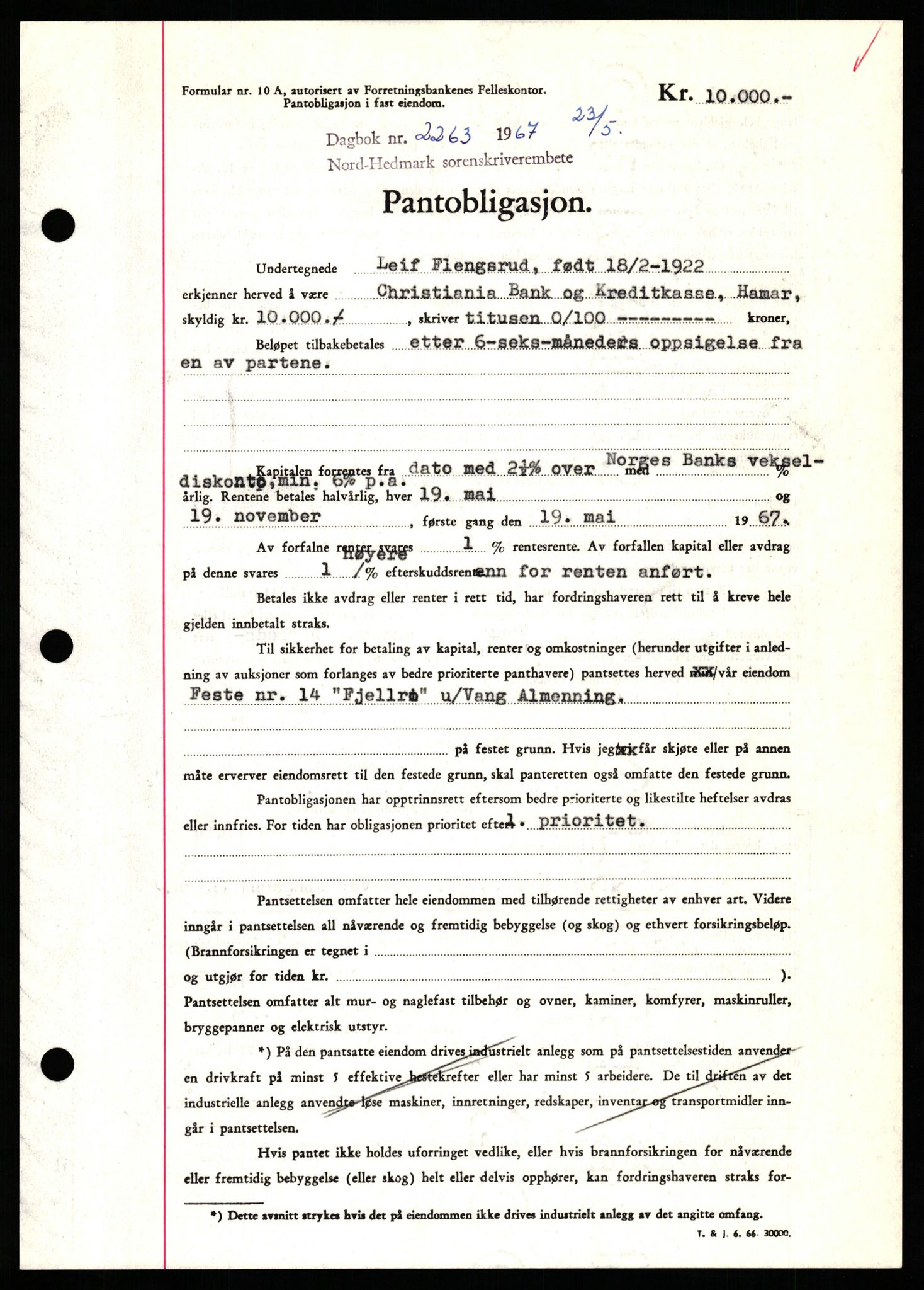 Nord-Hedmark sorenskriveri, SAH/TING-012/H/Hb/Hbf/L0071: Mortgage book no. B71, 1967-1967, Diary no: : 2263/1967