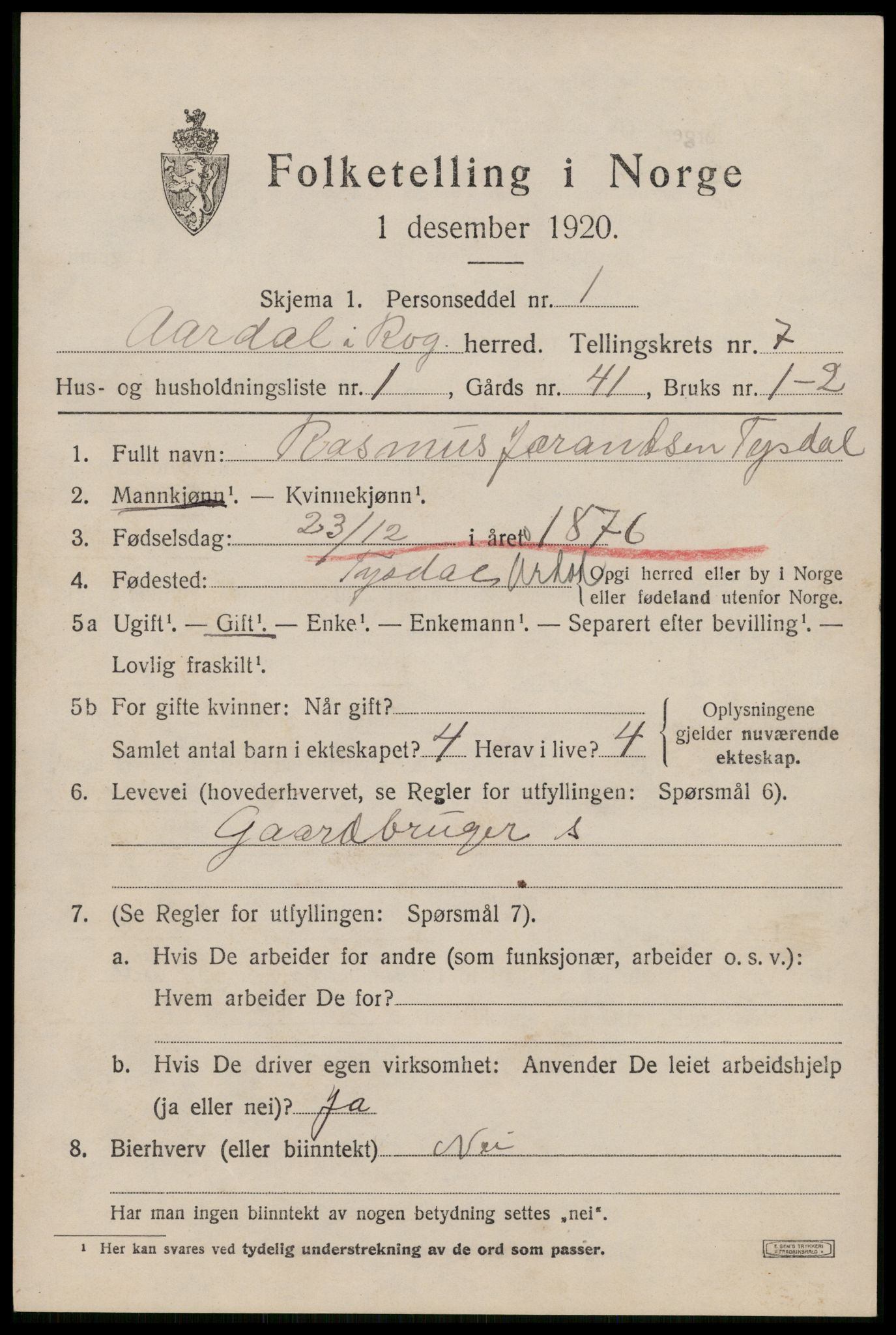 SAST, 1920 census for Årdal, 1920, p. 1966