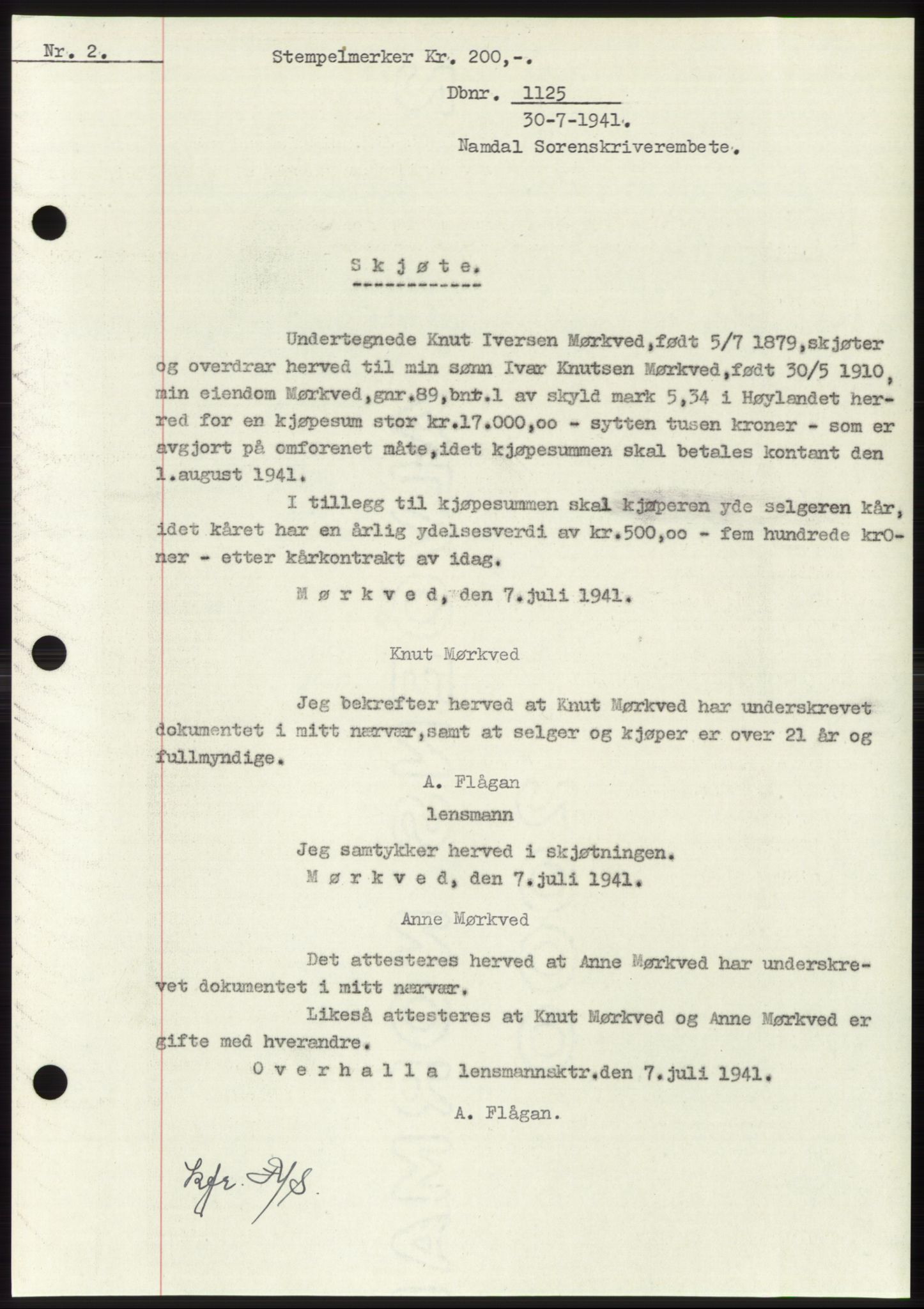 Namdal sorenskriveri, SAT/A-4133/1/2/2C: Mortgage book no. -, 1940-1941, Deed date: 30.07.1941