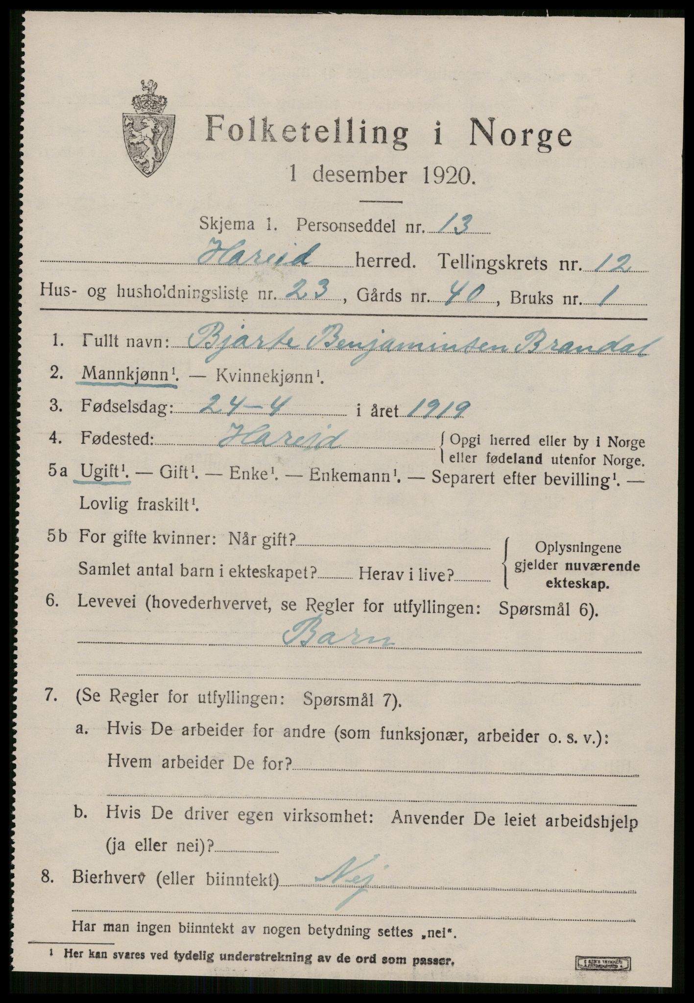 SAT, 1920 census for Hareid, 1920, p. 4927