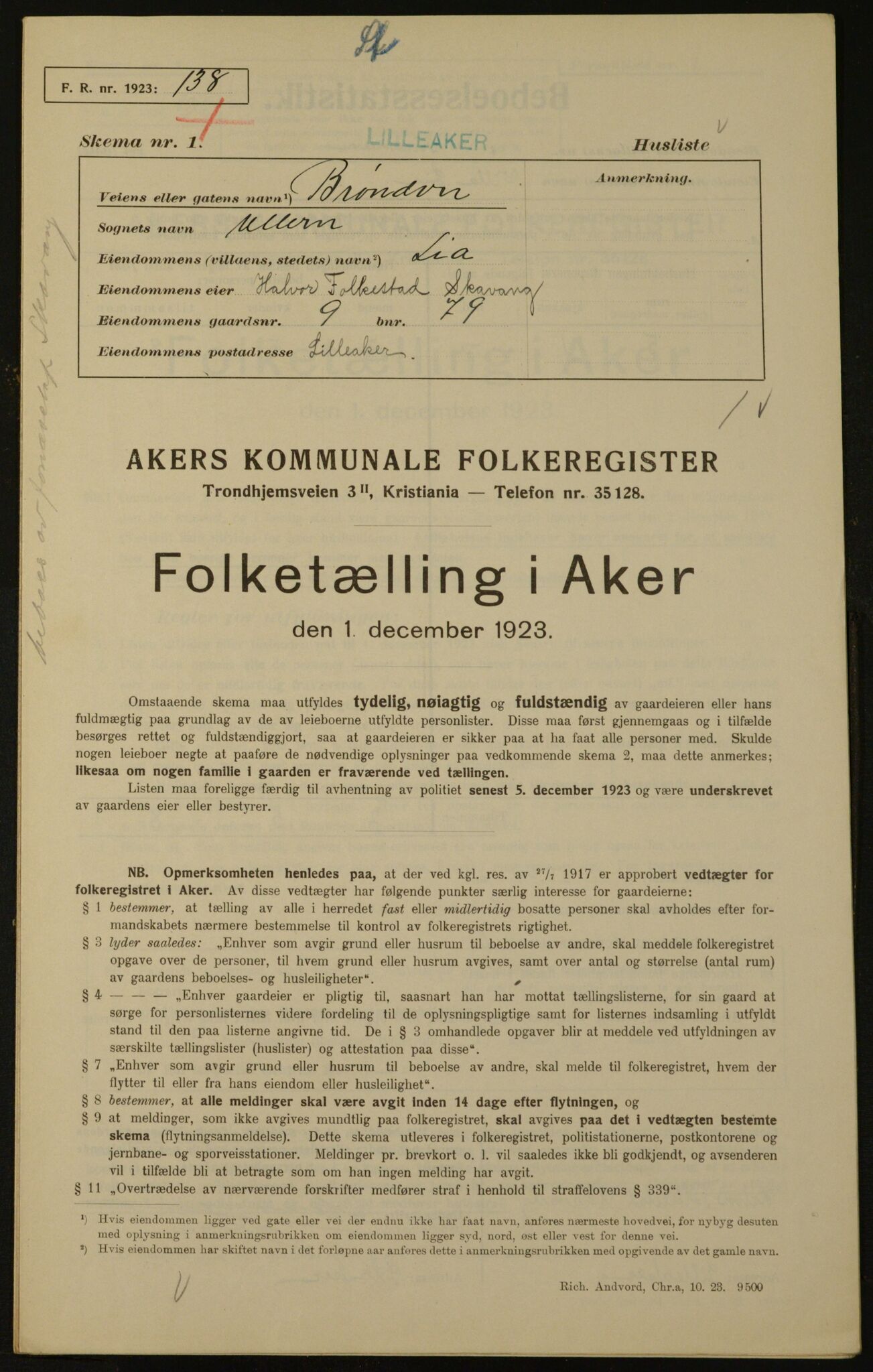 , Municipal Census 1923 for Aker, 1923, p. 786