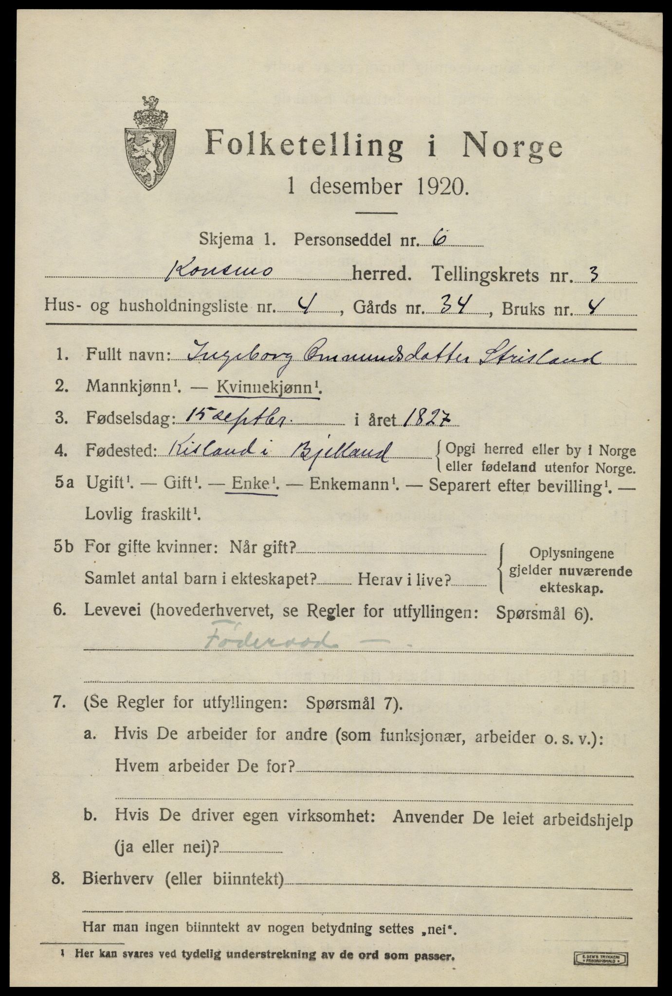 SAK, 1920 census for Konsmo, 1920, p. 1164