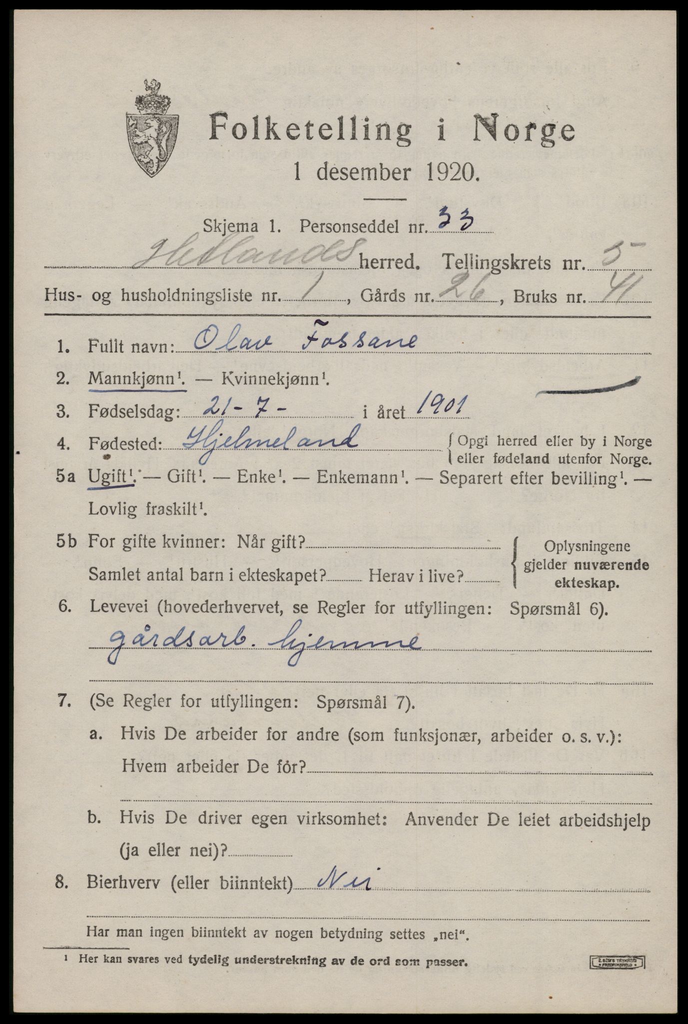 SAST, 1920 census for Hetland, 1920, p. 8215