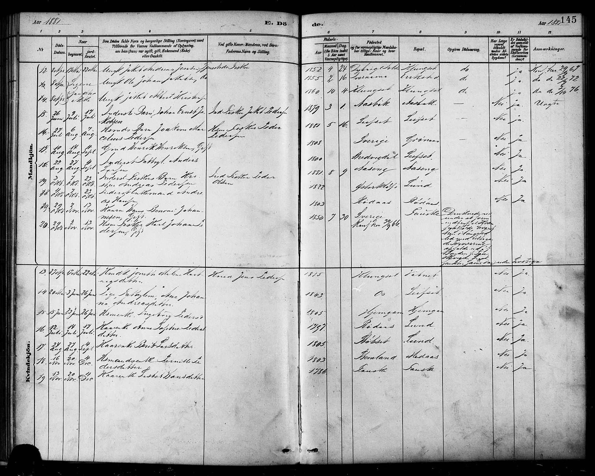 Ministerialprotokoller, klokkerbøker og fødselsregistre - Nordland, AV/SAT-A-1459/849/L0689: Parish register (official) no. 849A01, 1879-1889, p. 145