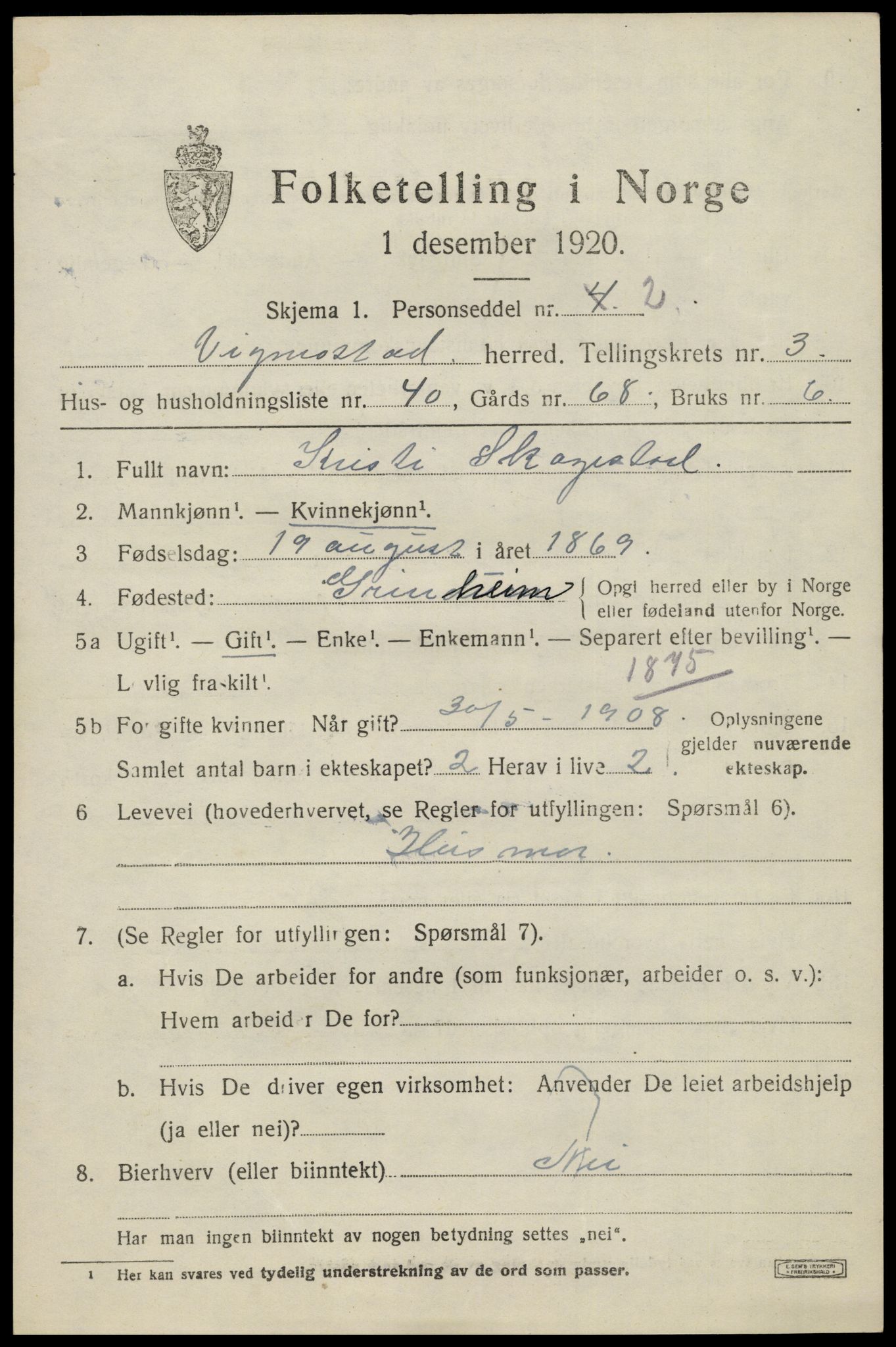 SAK, 1920 census for Vigmostad, 1920, p. 1155