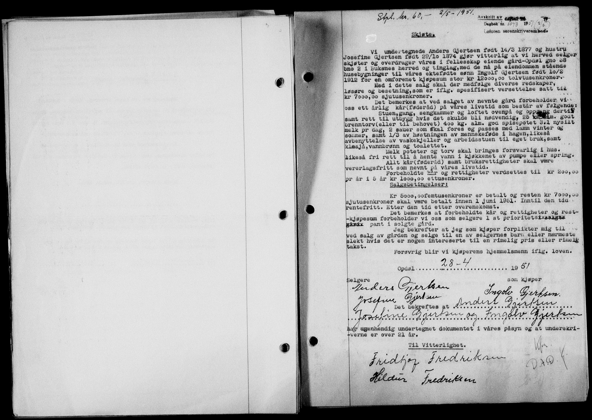 Lofoten sorenskriveri, SAT/A-0017/1/2/2C/L0025a: Mortgage book no. 25a, 1950-1951, Diary no: : 1043/1951