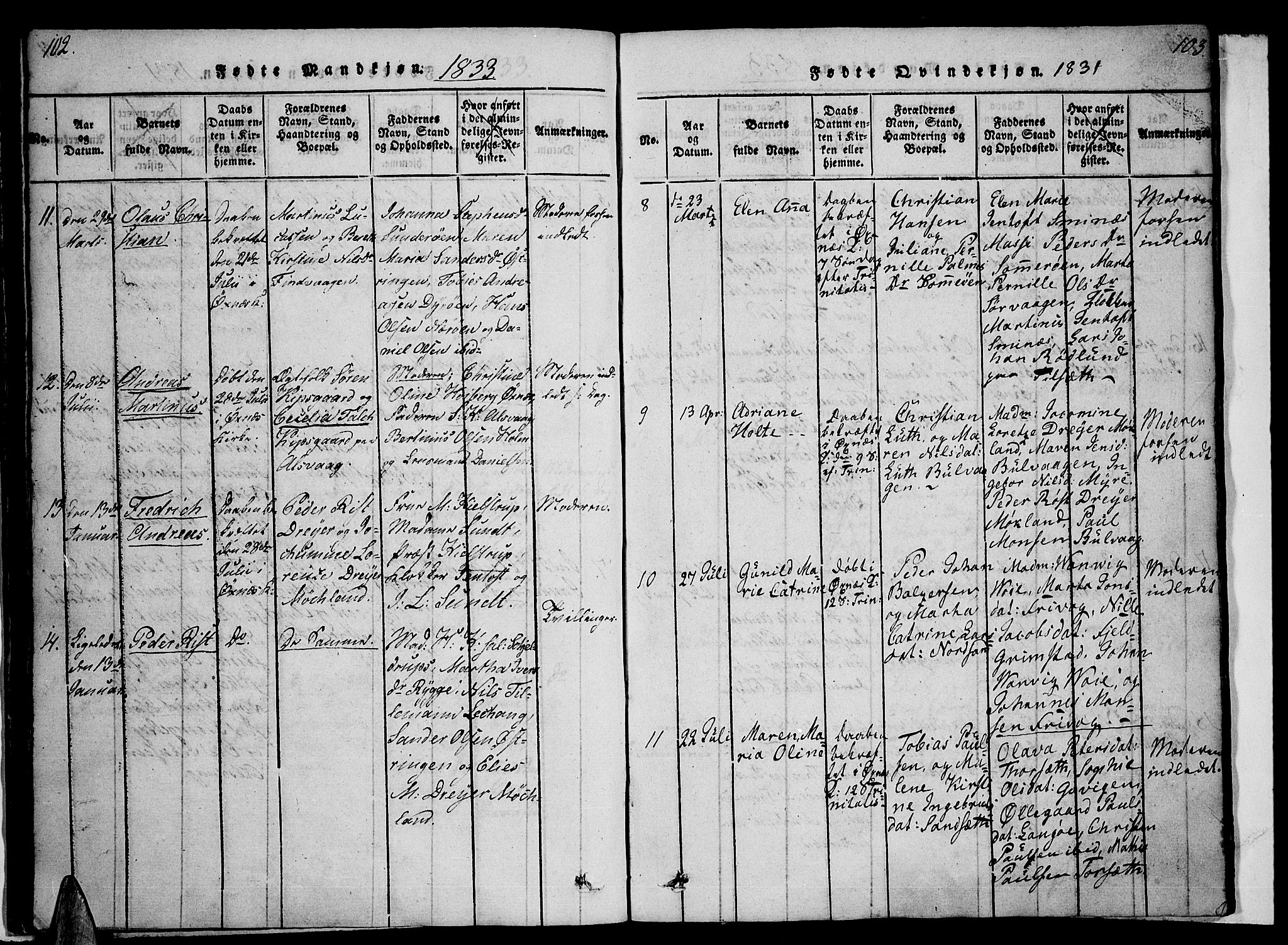 Ministerialprotokoller, klokkerbøker og fødselsregistre - Nordland, SAT/A-1459/893/L1331: Parish register (official) no. 893A04, 1820-1840, p. 102-103