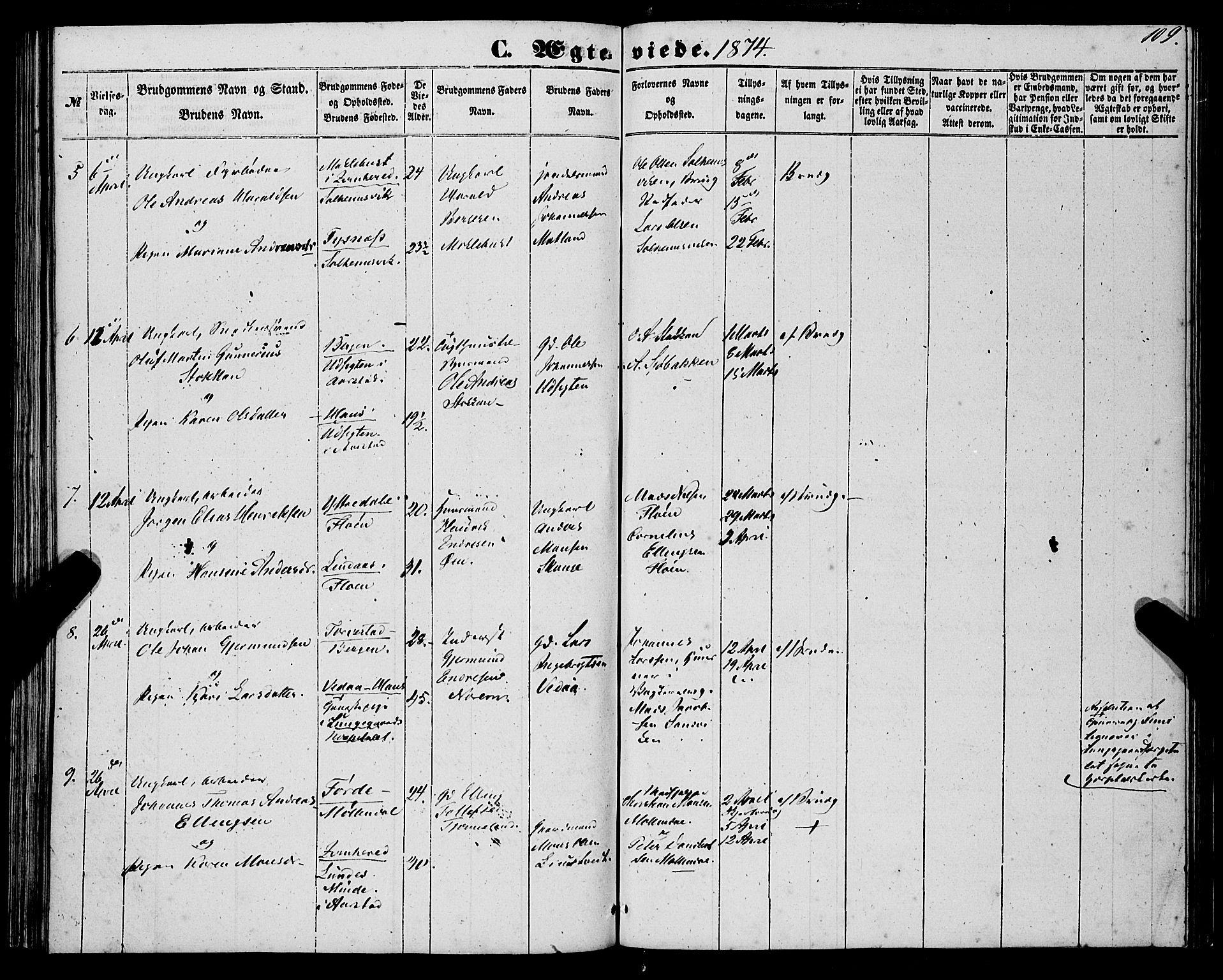 St. Jørgens hospital og Årstad sokneprestembete, AV/SAB-A-99934: Parish register (official) no. A 9, 1853-1878, p. 109