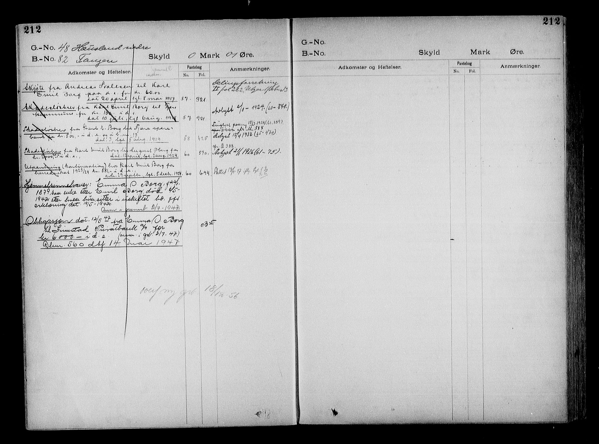 Vestre Nedenes/Sand sorenskriveri, SAK/1221-0010/G/Ga/L0022: Mortgage register no. 15, 1899-1957, p. 212