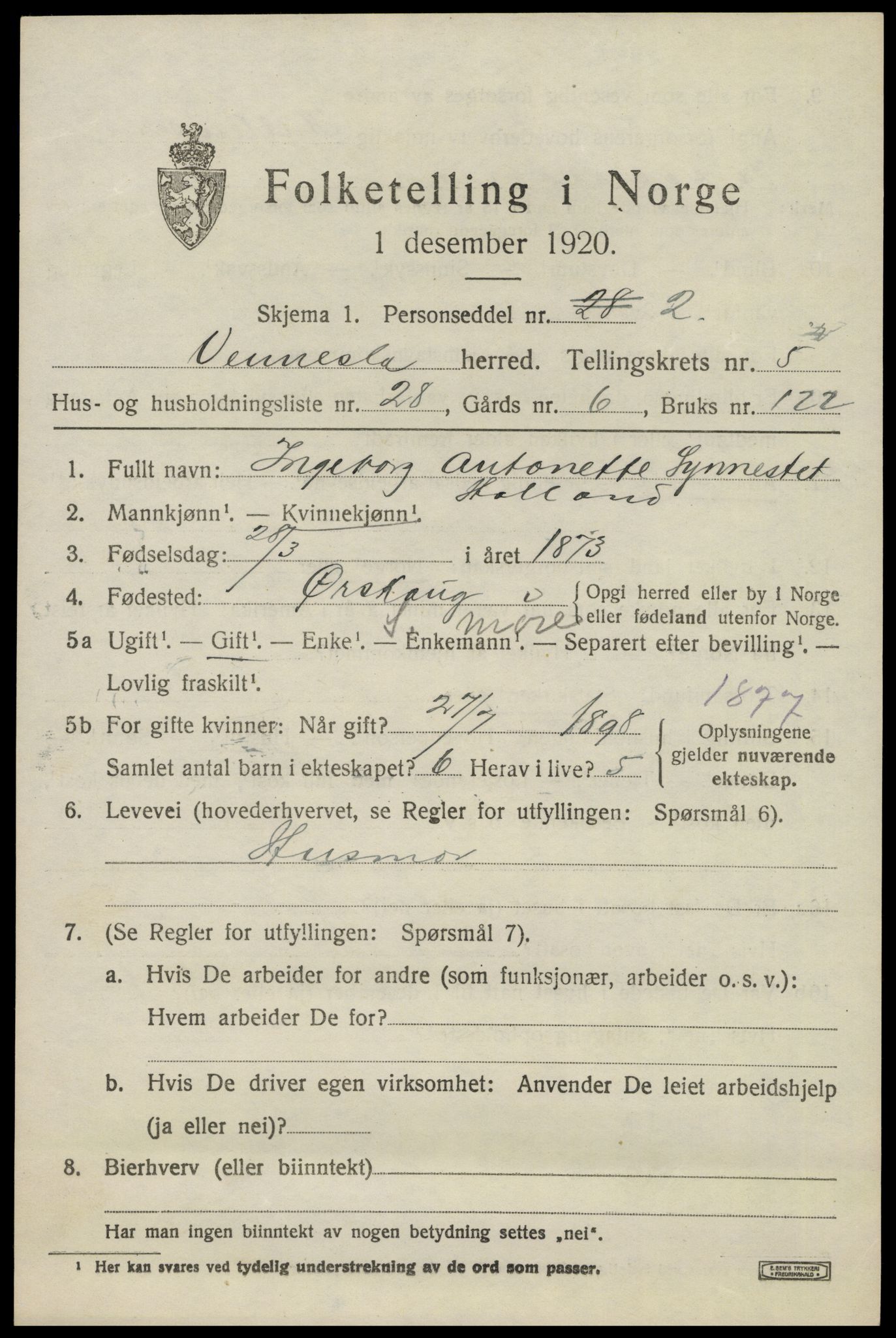 SAK, 1920 census for Vennesla, 1920, p. 3694