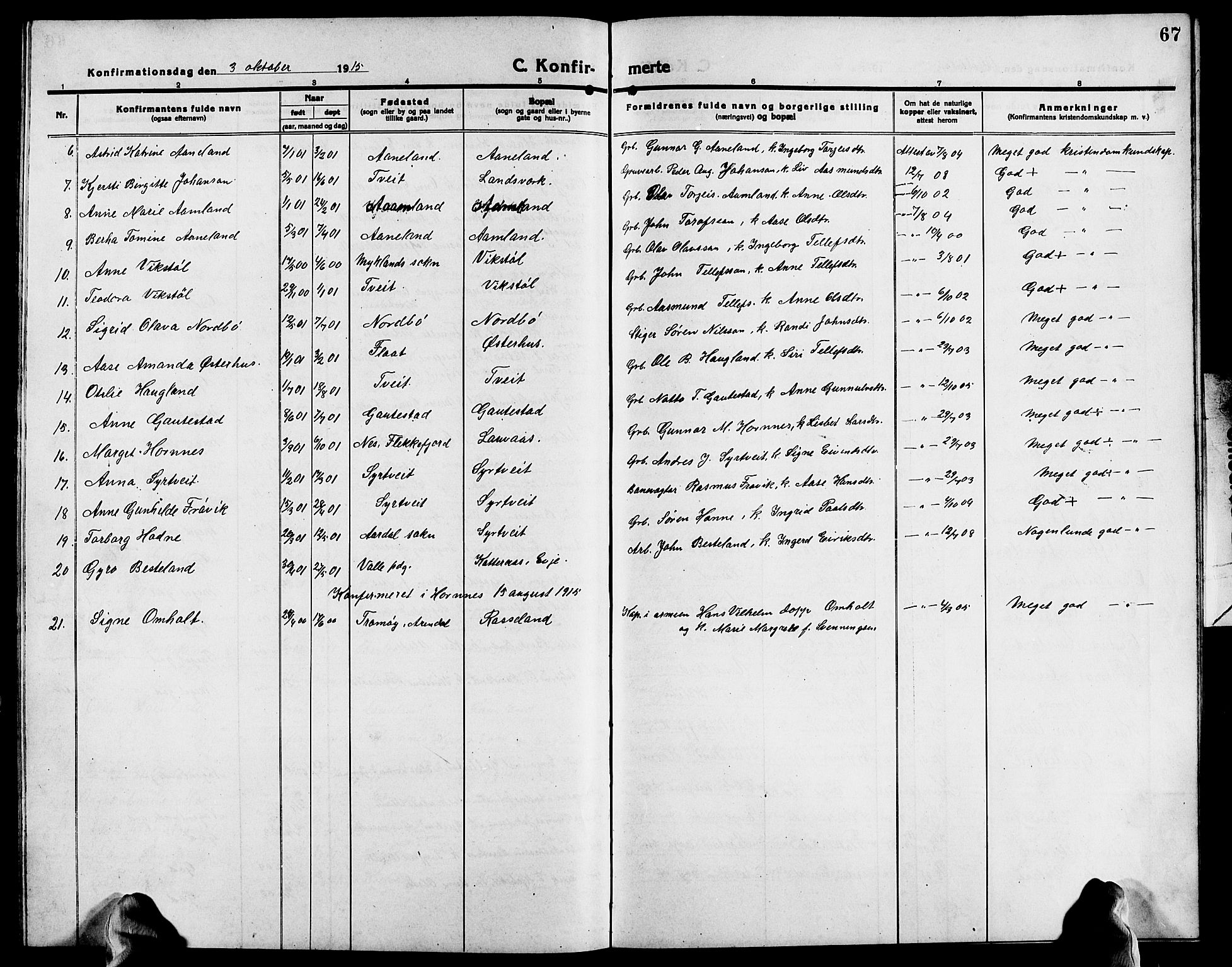 Evje sokneprestkontor, AV/SAK-1111-0008/F/Fb/Fba/L0005: Parish register (copy) no. B 5, 1914-1926, p. 67