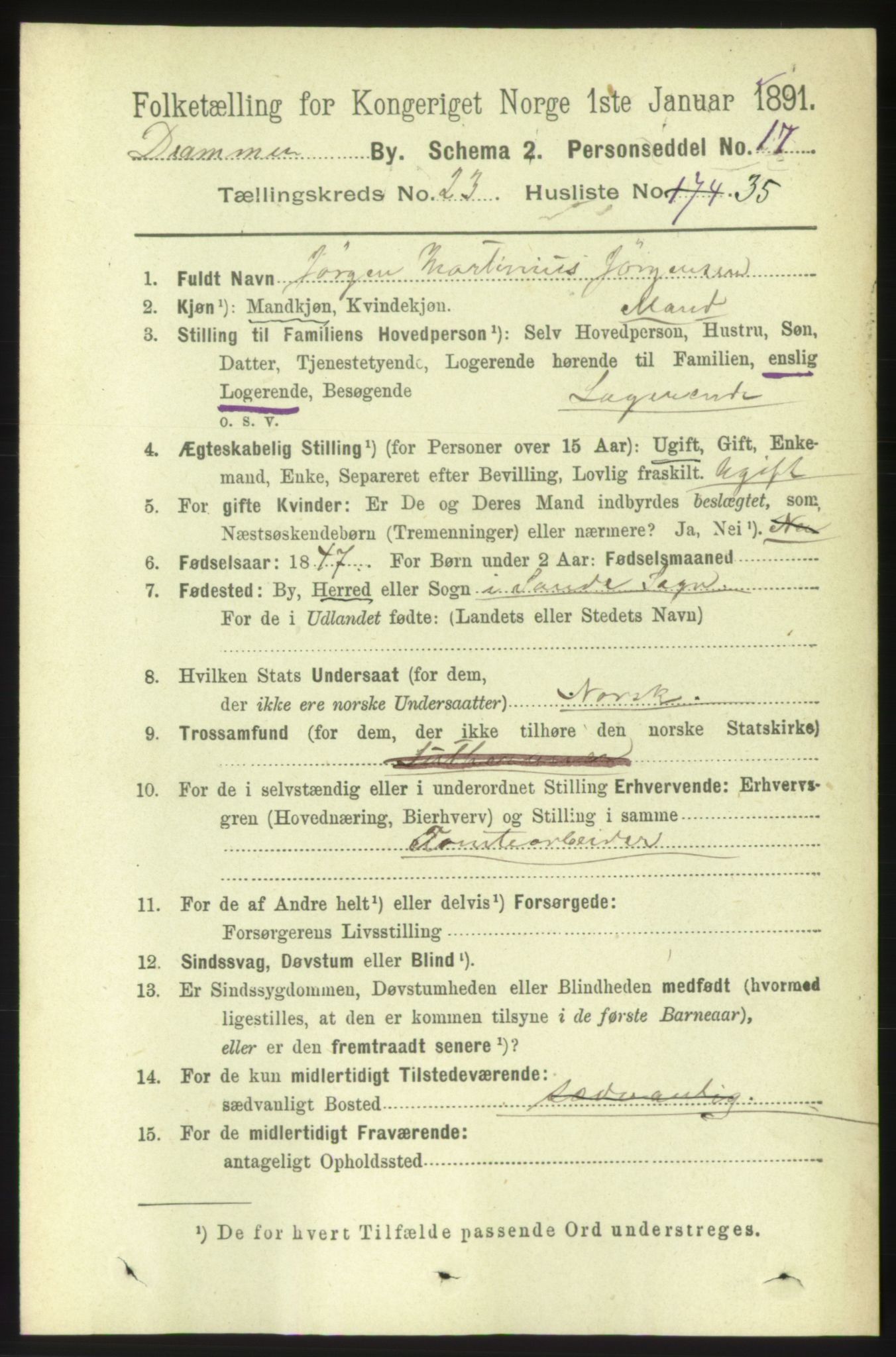 RA, 1891 census for 0602 Drammen, 1891, p. 14627