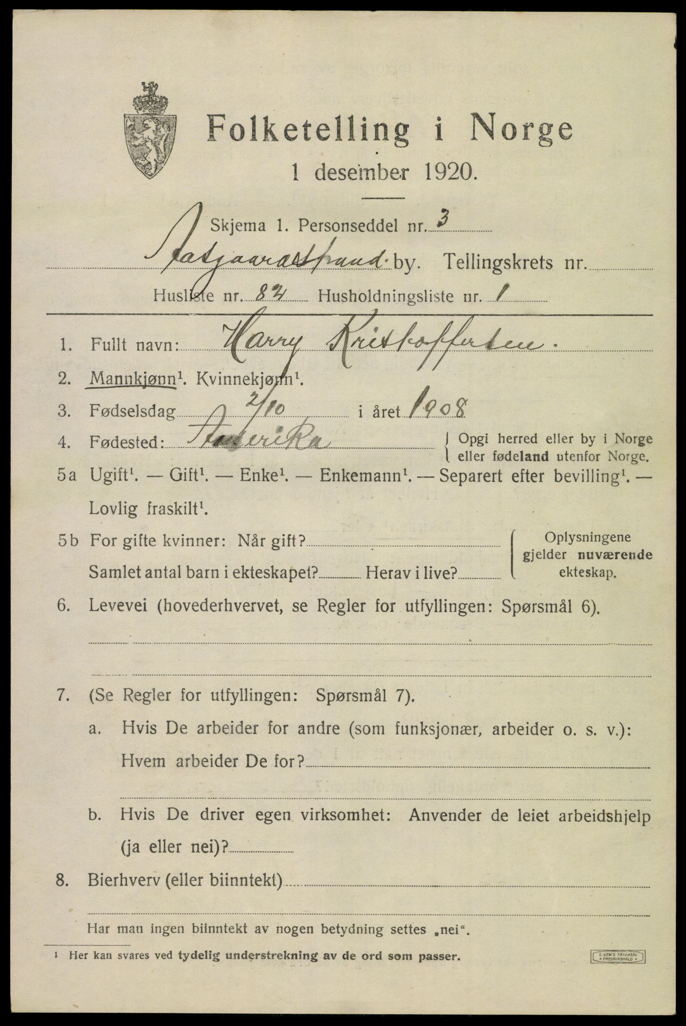 SAKO, 1920 census for Åsgårdstrand, 1920, p. 1223